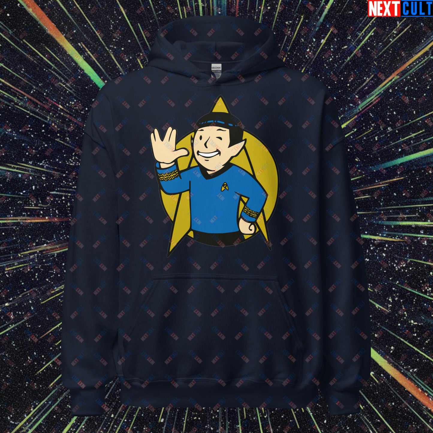 Spock Boy Star Trek Vault Boy Fallout Funny Meme Cartoon Mashup Unisex Hoodie Navy Hoodies Fallout Star Trek TV Shows Vault Boy Next Cult Brand