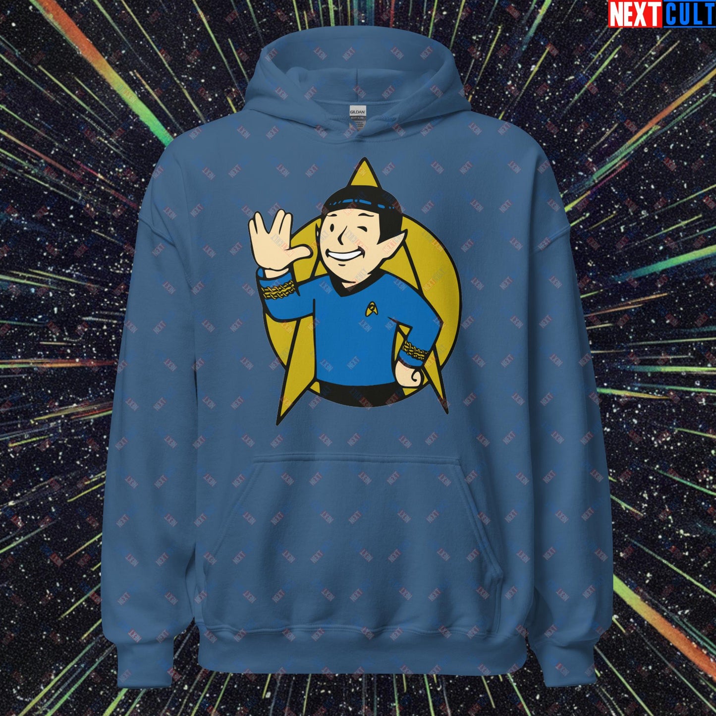 Spock Boy Star Trek Vault Boy Fallout Funny Meme Cartoon Mashup Unisex Hoodie Indigo Blue Hoodies Fallout Star Trek TV Shows Vault Boy Next Cult Brand