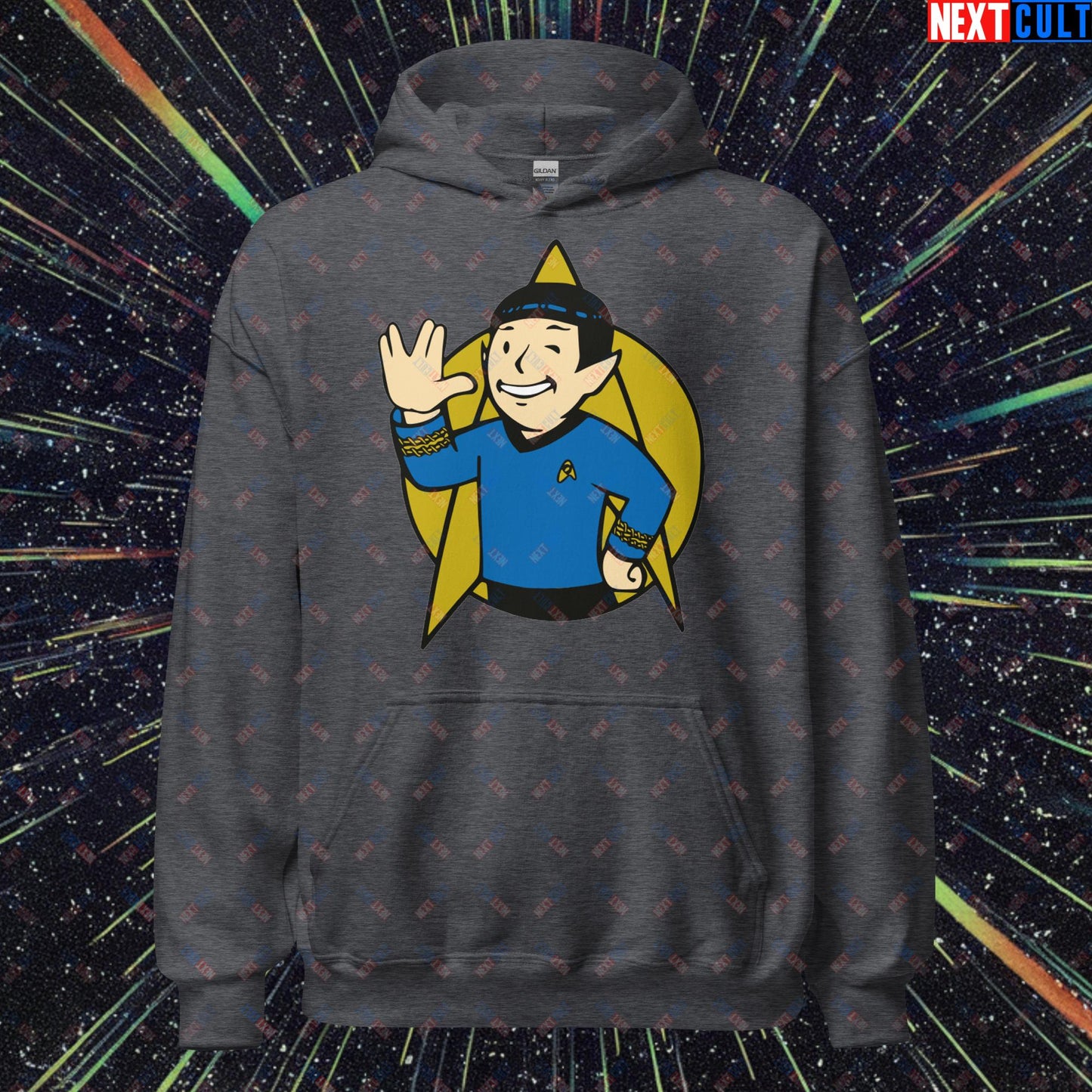 Spock Boy Star Trek Vault Boy Fallout Funny Meme Cartoon Mashup Unisex Hoodie Dark Heather Hoodies Fallout Star Trek TV Shows Vault Boy Next Cult Brand