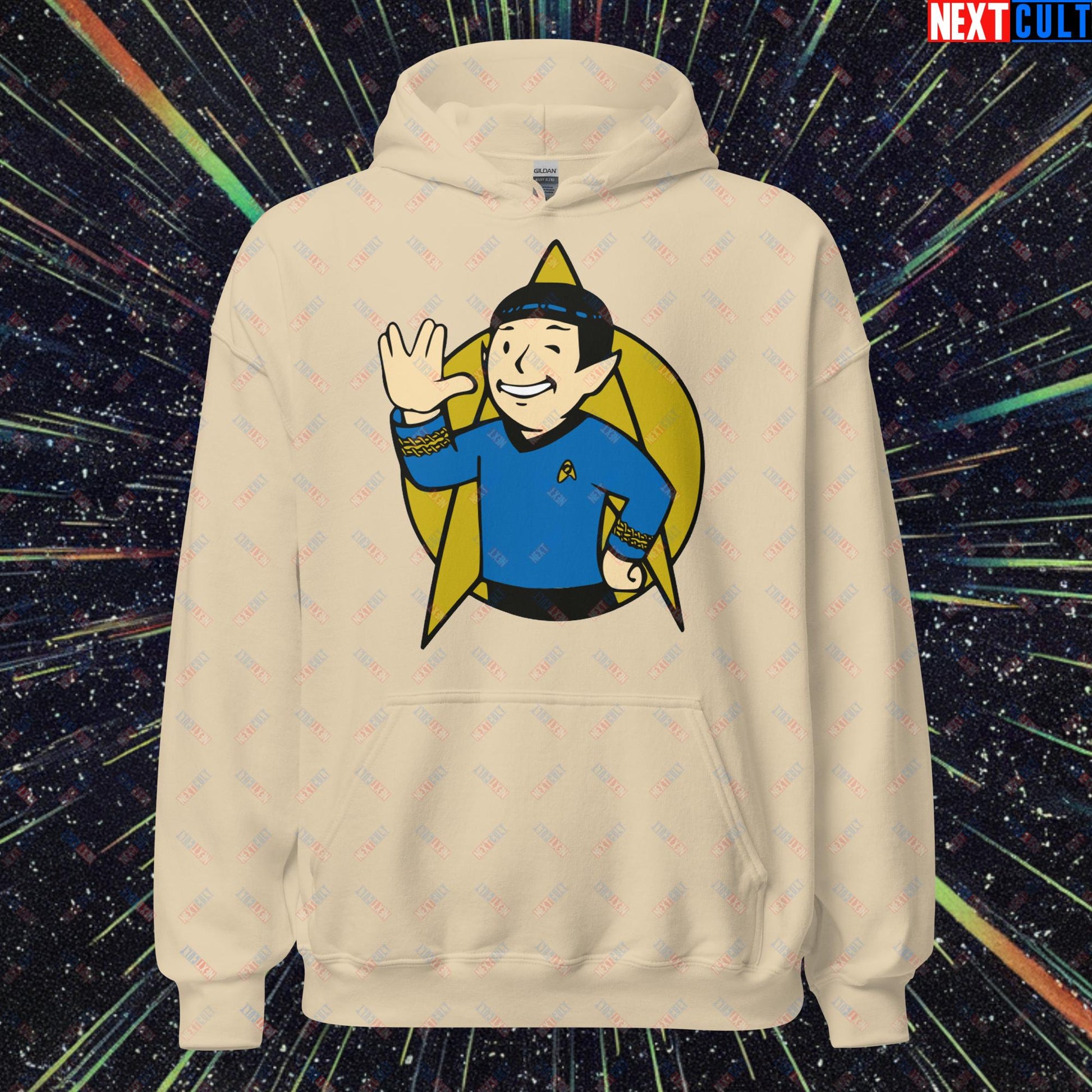 Spock Boy Star Trek Vault Boy Fallout Funny Meme Cartoon Mashup Unisex Hoodie Sand Hoodies Fallout Star Trek TV Shows Vault Boy Next Cult Brand