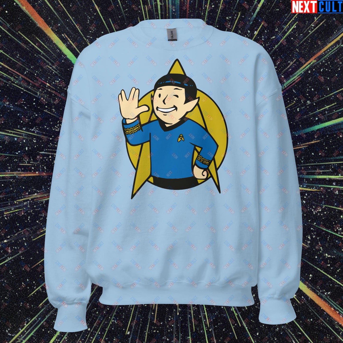 Spock Boy Star Trek Vault Boy Fallout Funny Meme Cartoon Mashup Unisex Sweatshirt Light Blue Sweatshirts Fallout Star Trek TV Shows Vault Boy Next Cult Brand