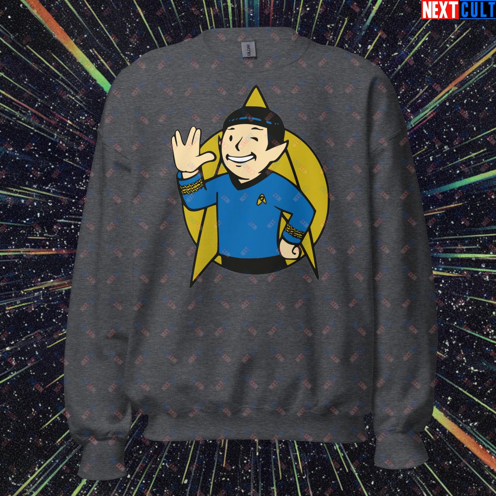 Spock Boy Star Trek Vault Boy Fallout Funny Meme Cartoon Mashup Unisex Sweatshirt Dark Heather Sweatshirts Fallout Star Trek TV Shows Vault Boy Next Cult Brand