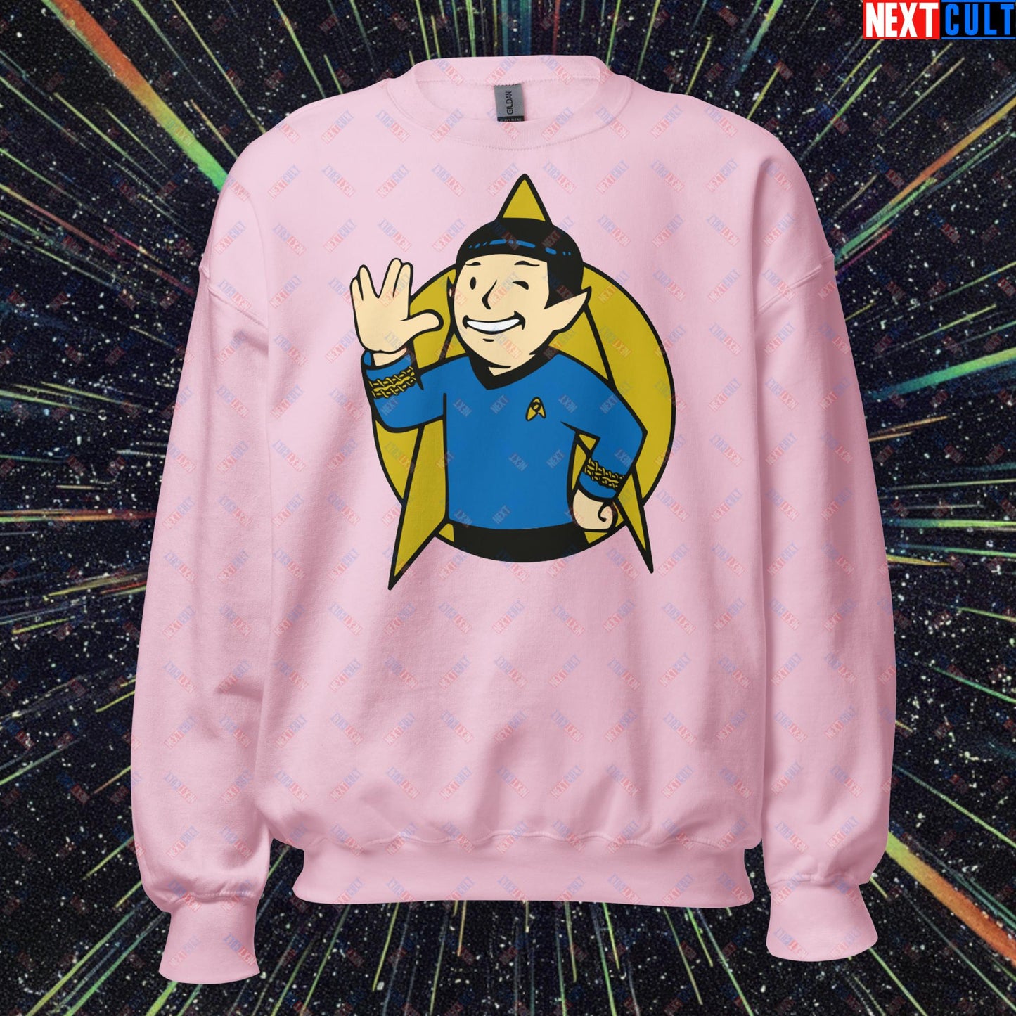 Spock Boy Star Trek Vault Boy Fallout Funny Meme Cartoon Mashup Unisex Sweatshirt Light Pink Sweatshirts Fallout Star Trek TV Shows Vault Boy Next Cult Brand