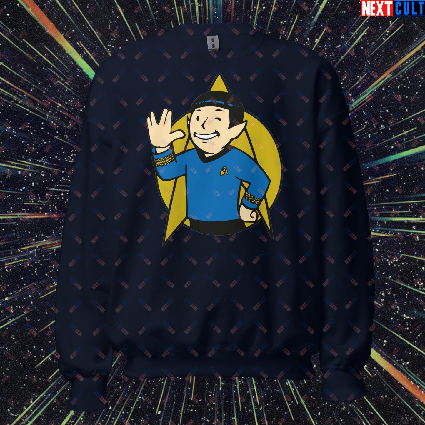 Spock Boy Star Trek Vault Boy Fallout Funny Meme Cartoon Mashup Unisex Sweatshirt Navy Sweatshirts Fallout Star Trek TV Shows Vault Boy Next Cult Brand