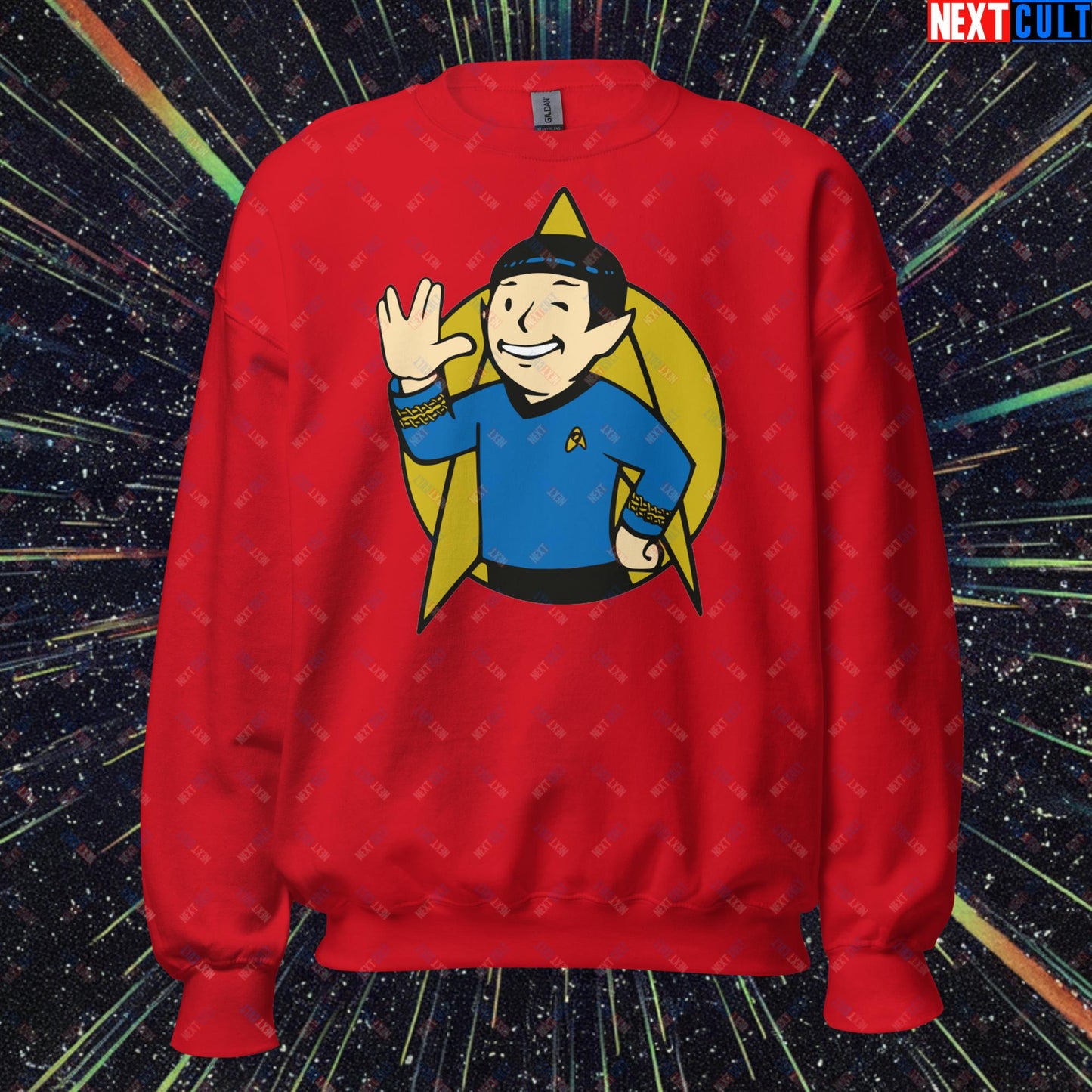 Spock Boy Star Trek Vault Boy Fallout Funny Meme Cartoon Mashup Unisex Sweatshirt Red Sweatshirts Fallout Star Trek TV Shows Vault Boy Next Cult Brand