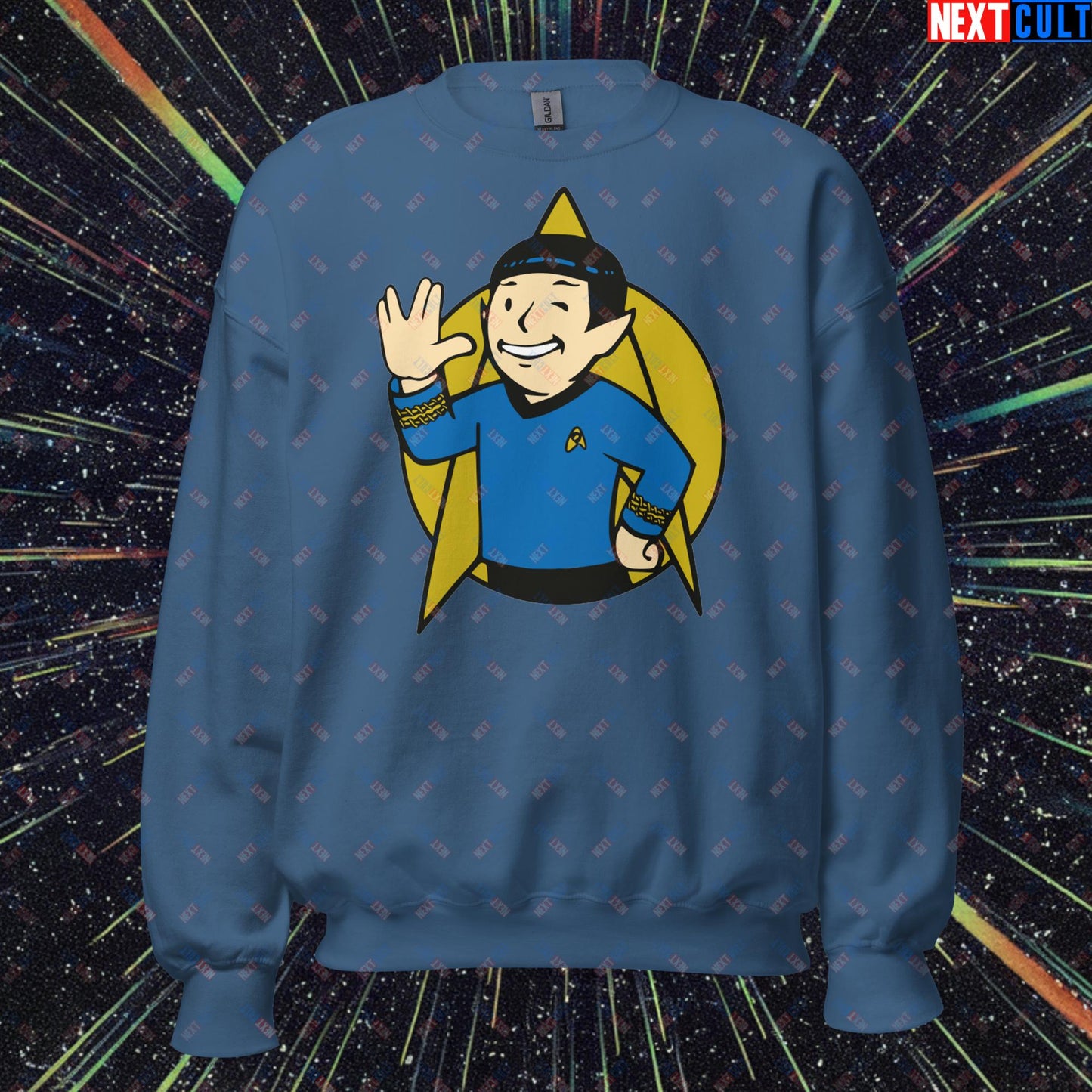 Spock Boy Star Trek Vault Boy Fallout Funny Meme Cartoon Mashup Unisex Sweatshirt Indigo Blue Sweatshirts Fallout Star Trek TV Shows Vault Boy Next Cult Brand