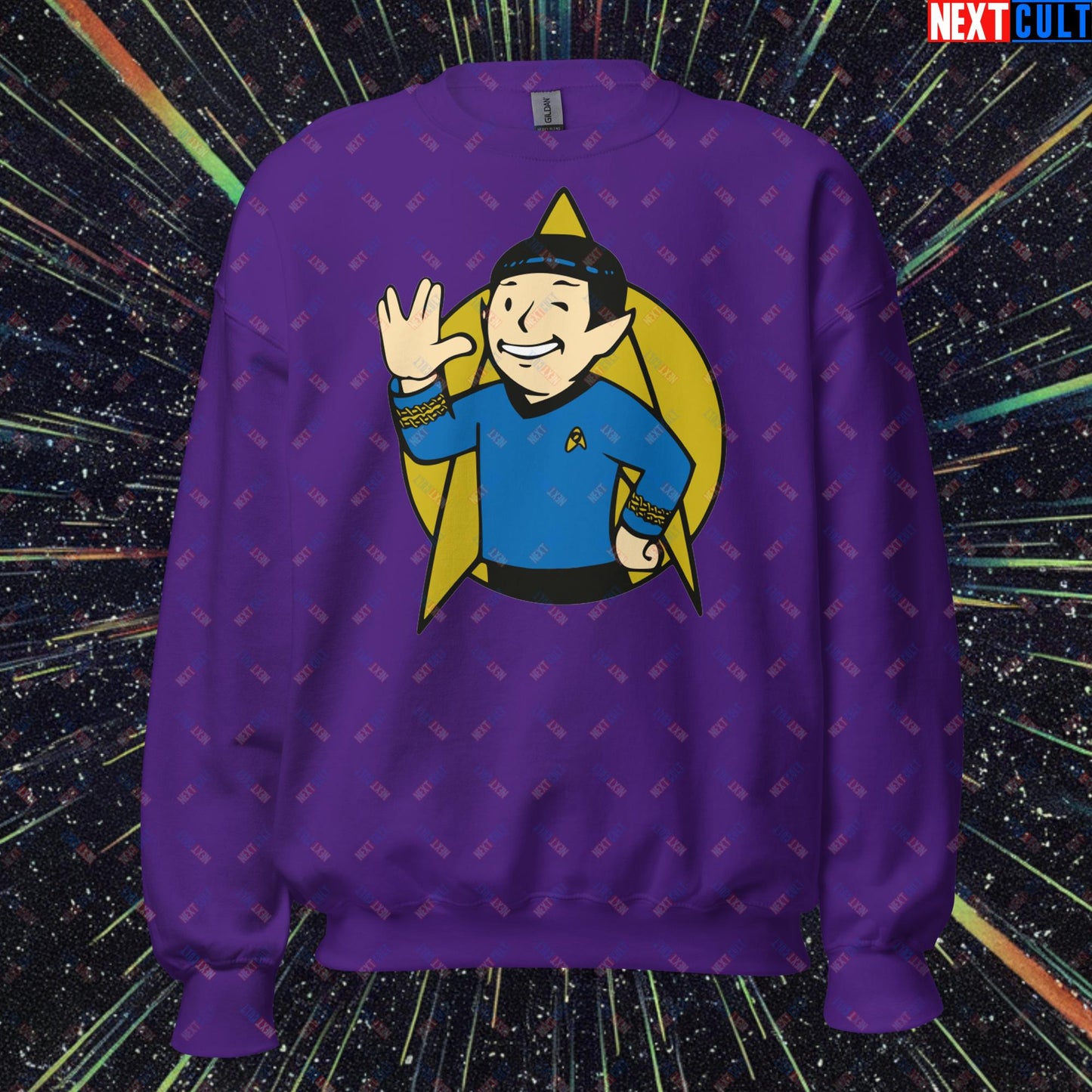 Spock Boy Star Trek Vault Boy Fallout Funny Meme Cartoon Mashup Unisex Sweatshirt Purple Sweatshirts Fallout Star Trek TV Shows Vault Boy Next Cult Brand