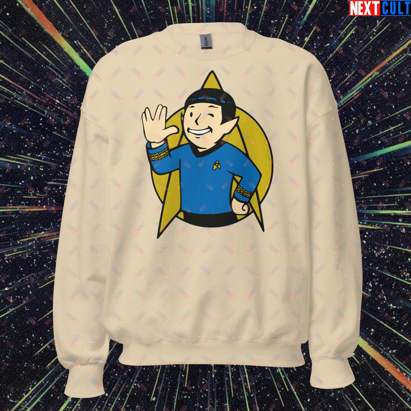 Spock Boy Star Trek Vault Boy Fallout Funny Meme Cartoon Mashup Unisex Sweatshirt Sand Sweatshirts Fallout Star Trek TV Shows Vault Boy Next Cult Brand