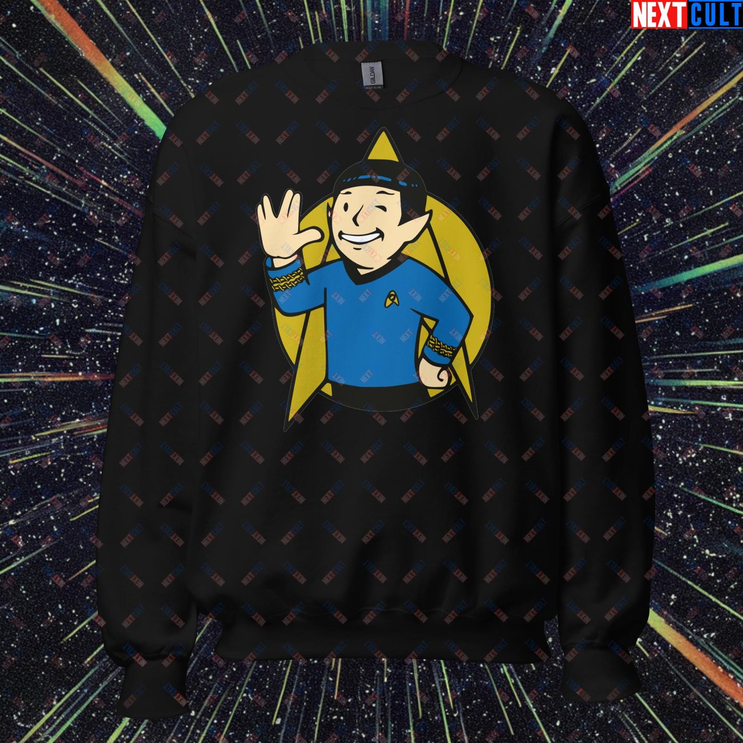 Spock Boy Star Trek Vault Boy Fallout Funny Meme Cartoon Mashup Unisex Sweatshirt Black Sweatshirts Fallout Star Trek TV Shows Vault Boy Next Cult Brand