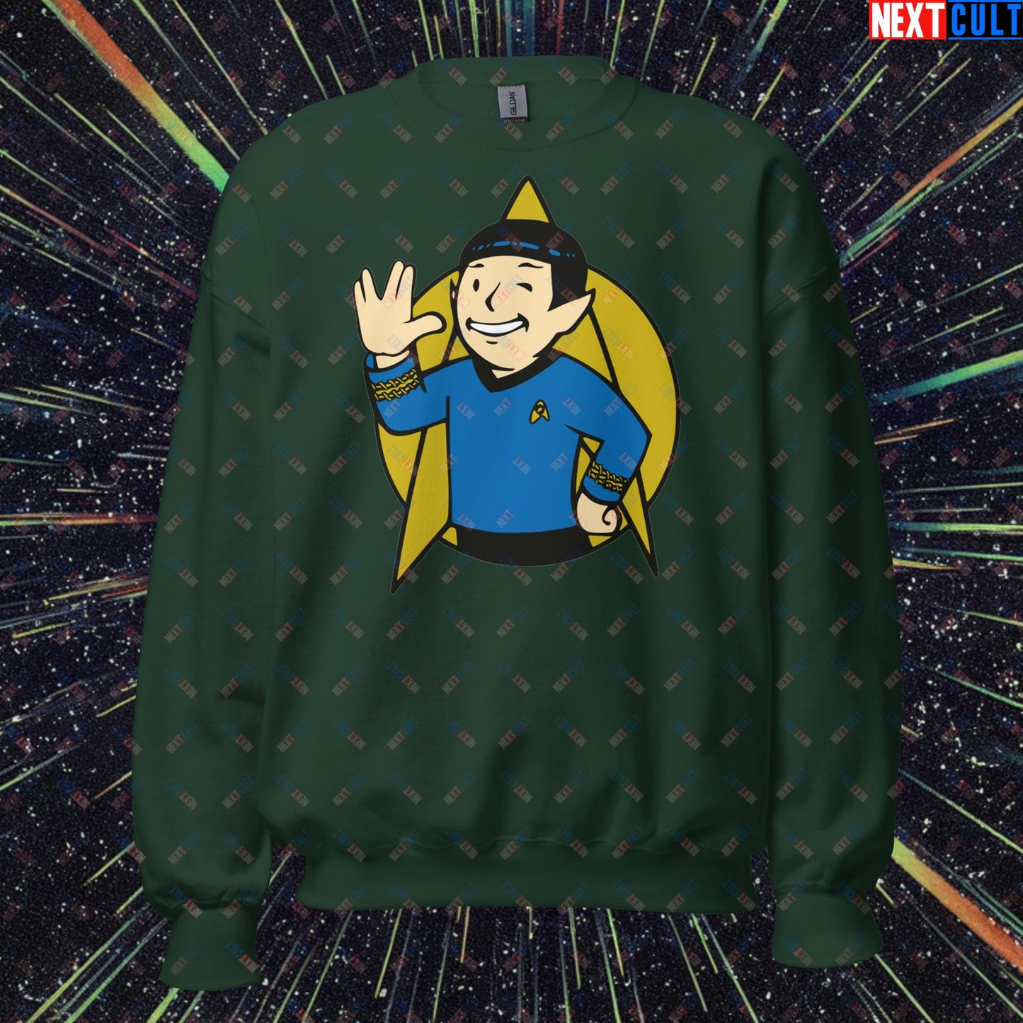 Spock Boy Star Trek Vault Boy Fallout Funny Meme Cartoon Mashup Unisex Sweatshirt Forest Green Sweatshirts Fallout Star Trek TV Shows Vault Boy Next Cult Brand