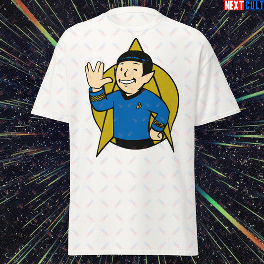 Spock Boy Star Trek Vault Boy Fallout Funny Meme Cartoon Mashup Unisex classic tee White T-shirts Fallout Star Trek TV Shows Vault Boy Next Cult Brand