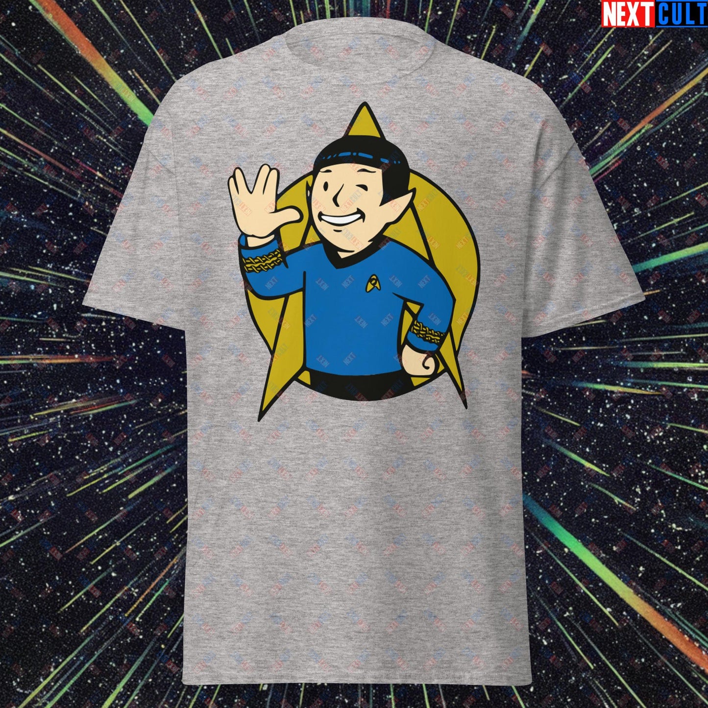 Spock Boy Star Trek Vault Boy Fallout Funny Meme Cartoon Mashup Unisex classic tee Sport Grey T-shirts Fallout Star Trek TV Shows Vault Boy Next Cult Brand