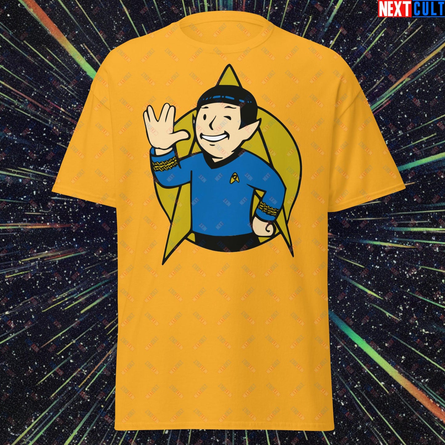 Spock Boy Star Trek Vault Boy Fallout Funny Meme Cartoon Mashup Unisex classic tee Gold T-shirts Fallout Star Trek TV Shows Vault Boy Next Cult Brand