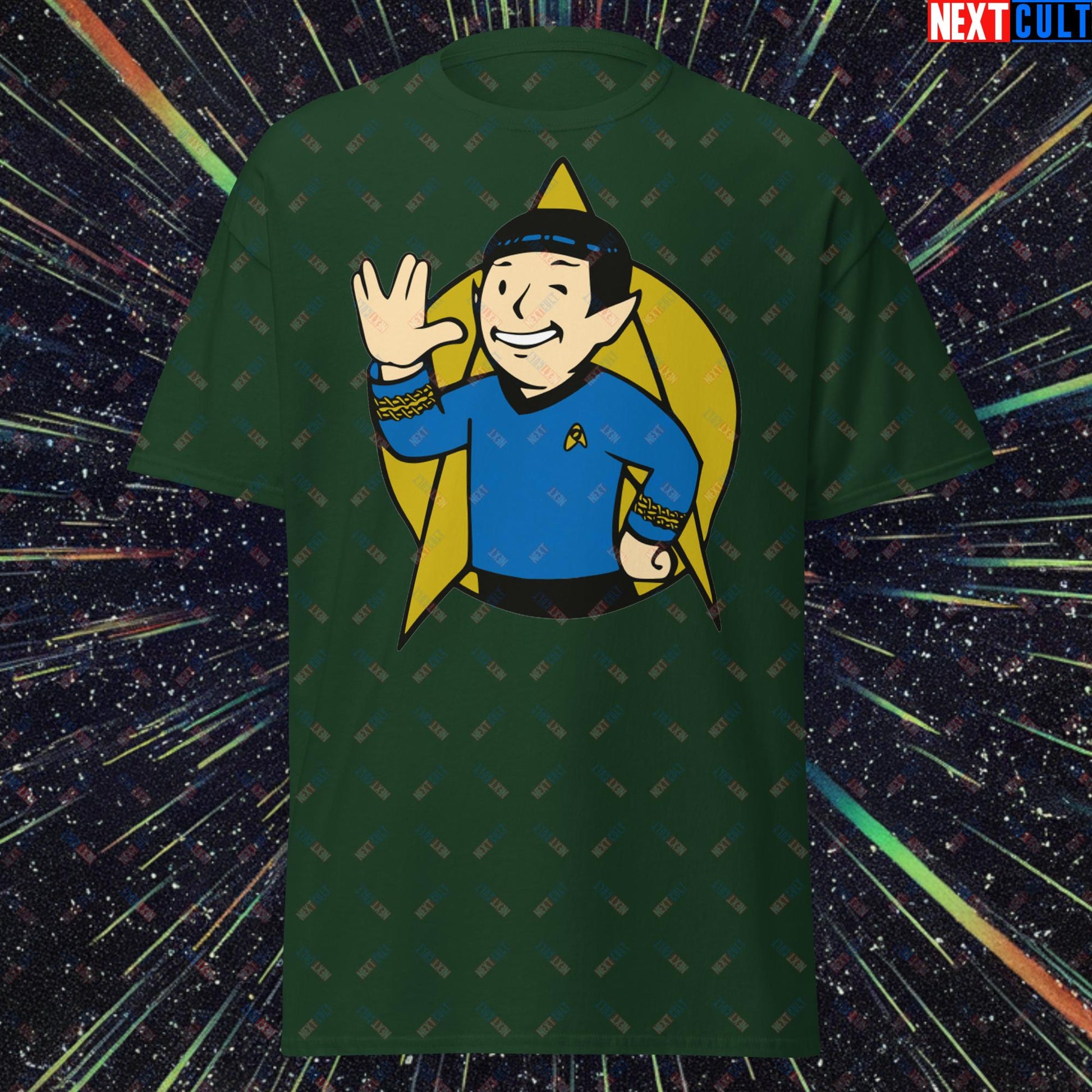 Spock Boy Star Trek Vault Boy Fallout Funny Meme Cartoon Mashup Unisex classic tee Forest Green T-shirts Fallout Star Trek TV Shows Vault Boy Next Cult Brand