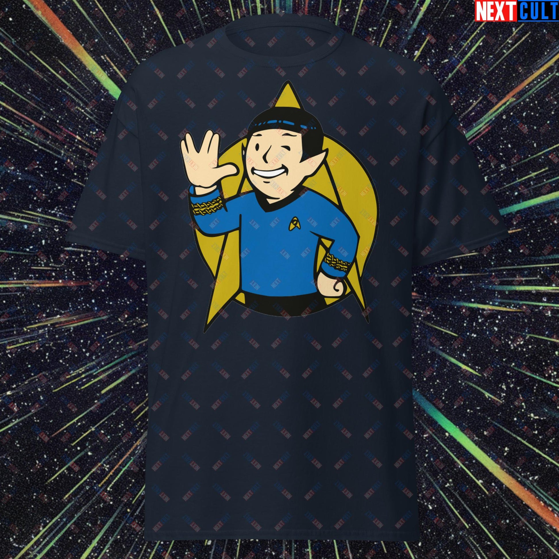 Spock Boy Star Trek Vault Boy Fallout Funny Meme Cartoon Mashup Unisex classic tee Navy T-shirts Fallout Star Trek TV Shows Vault Boy Next Cult Brand