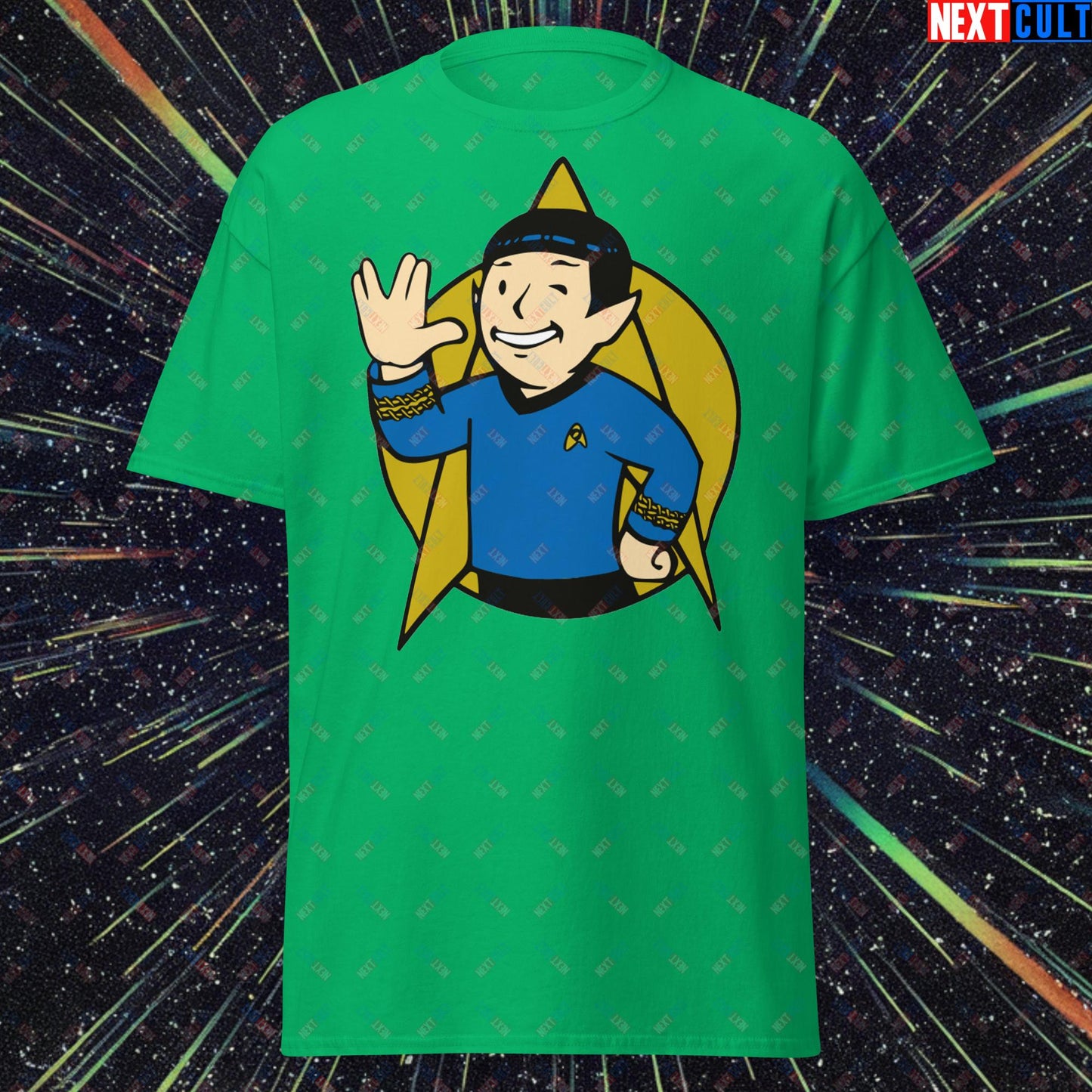 Spock Boy Star Trek Vault Boy Fallout Funny Meme Cartoon Mashup Unisex classic tee Irish Green T-shirts Fallout Star Trek TV Shows Vault Boy Next Cult Brand