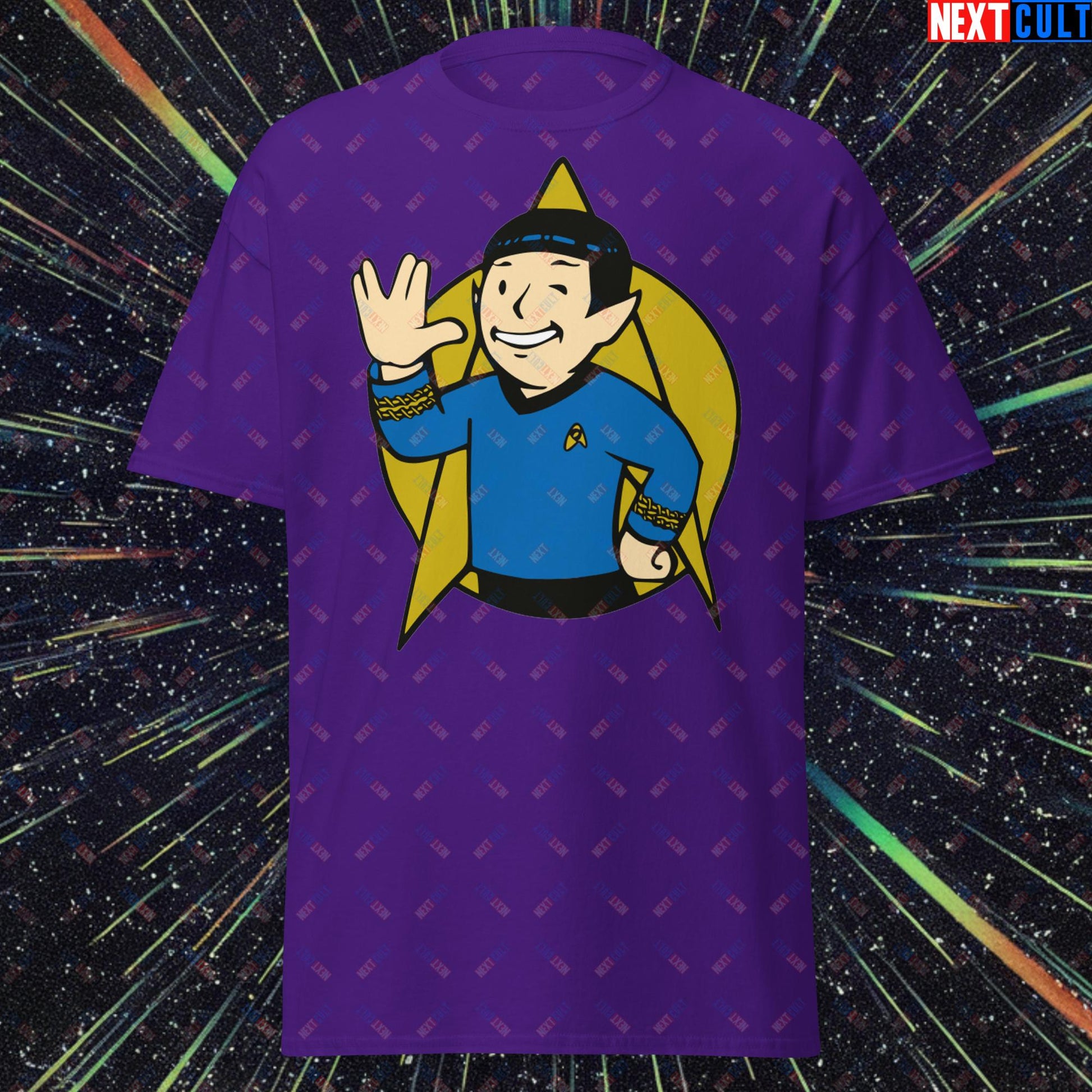 Spock Boy Star Trek Vault Boy Fallout Funny Meme Cartoon Mashup Unisex classic tee Purple T-shirts Fallout Star Trek TV Shows Vault Boy Next Cult Brand