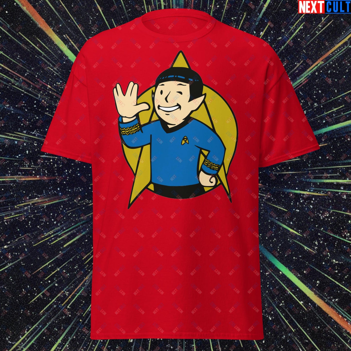 Spock Boy Star Trek Vault Boy Fallout Funny Meme Cartoon Mashup Unisex classic tee Red T-shirts Fallout Star Trek TV Shows Vault Boy Next Cult Brand