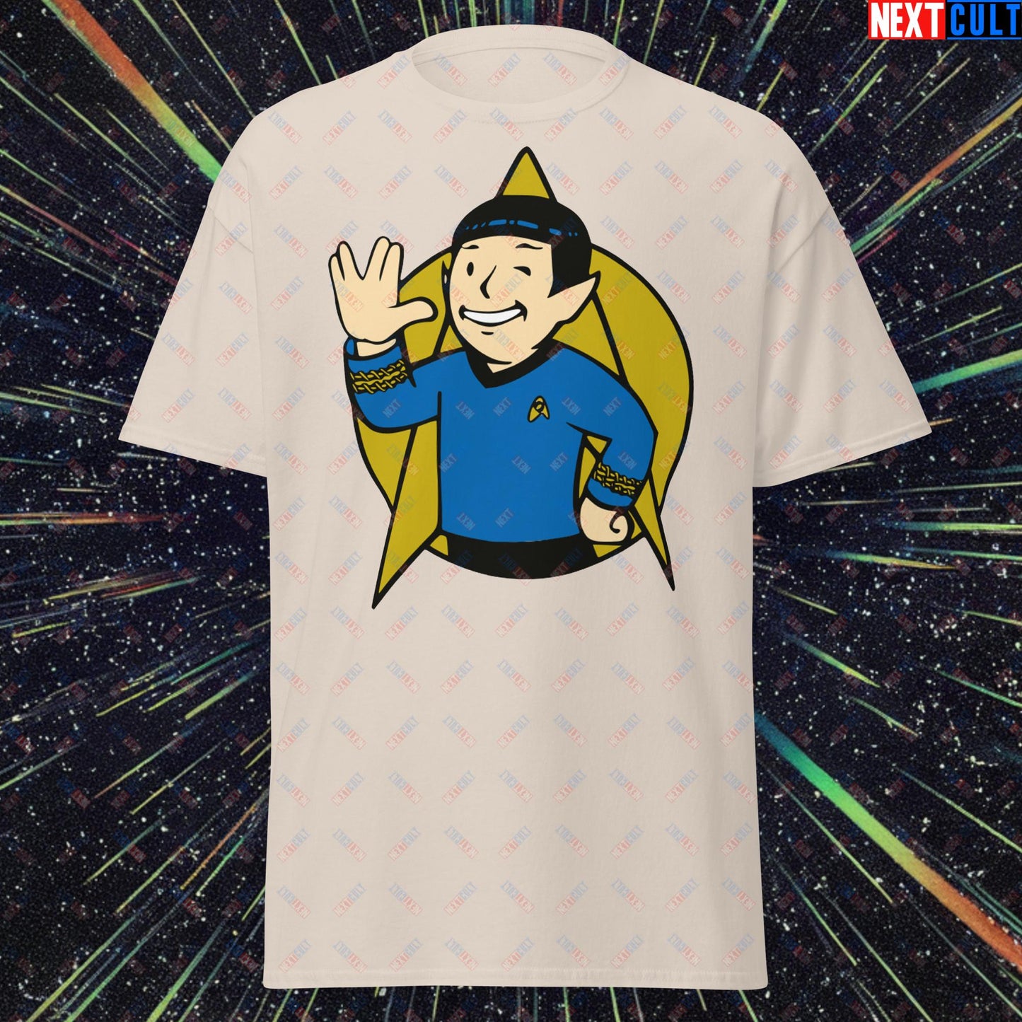 Spock Boy Star Trek Vault Boy Fallout Funny Meme Cartoon Mashup Unisex classic tee Natural T-shirts Fallout Star Trek TV Shows Vault Boy Next Cult Brand