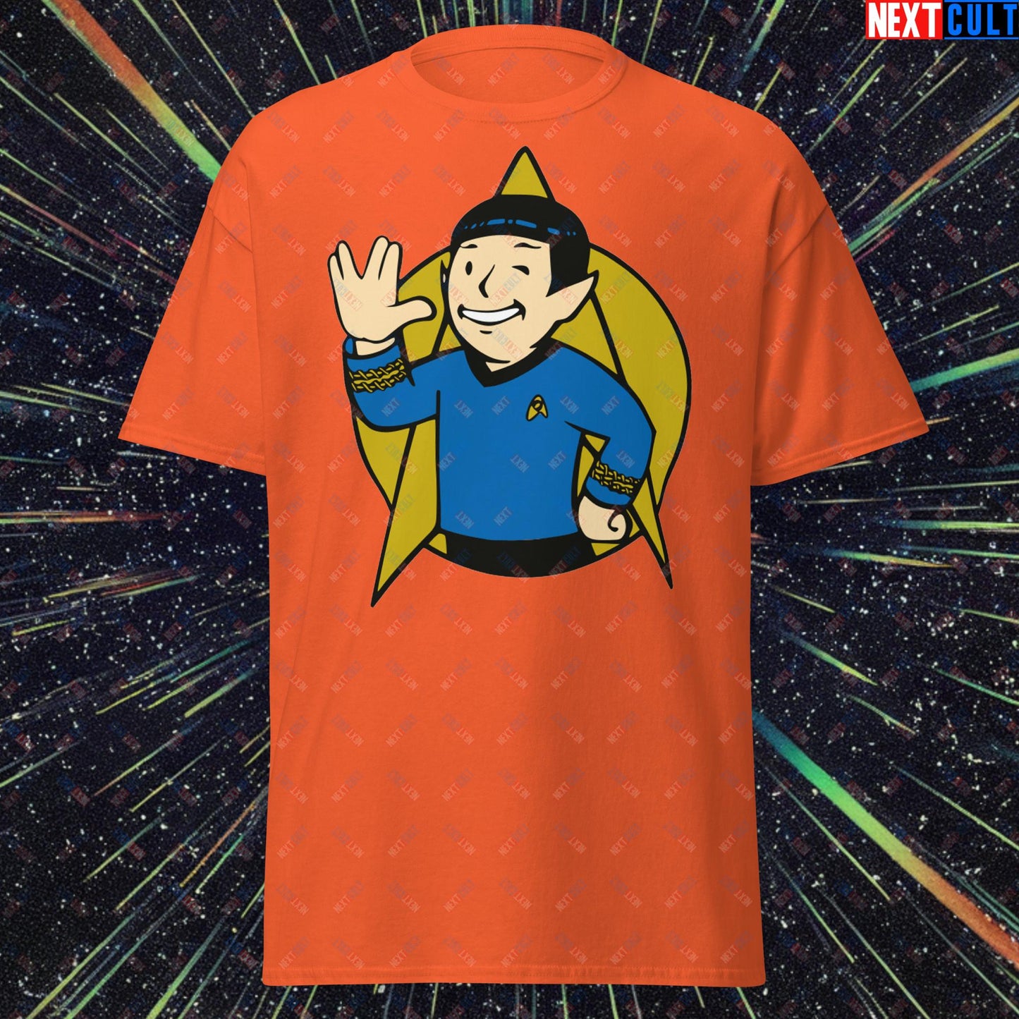 Spock Boy Star Trek Vault Boy Fallout Funny Meme Cartoon Mashup Unisex classic tee Orange T-shirts Fallout Star Trek TV Shows Vault Boy Next Cult Brand