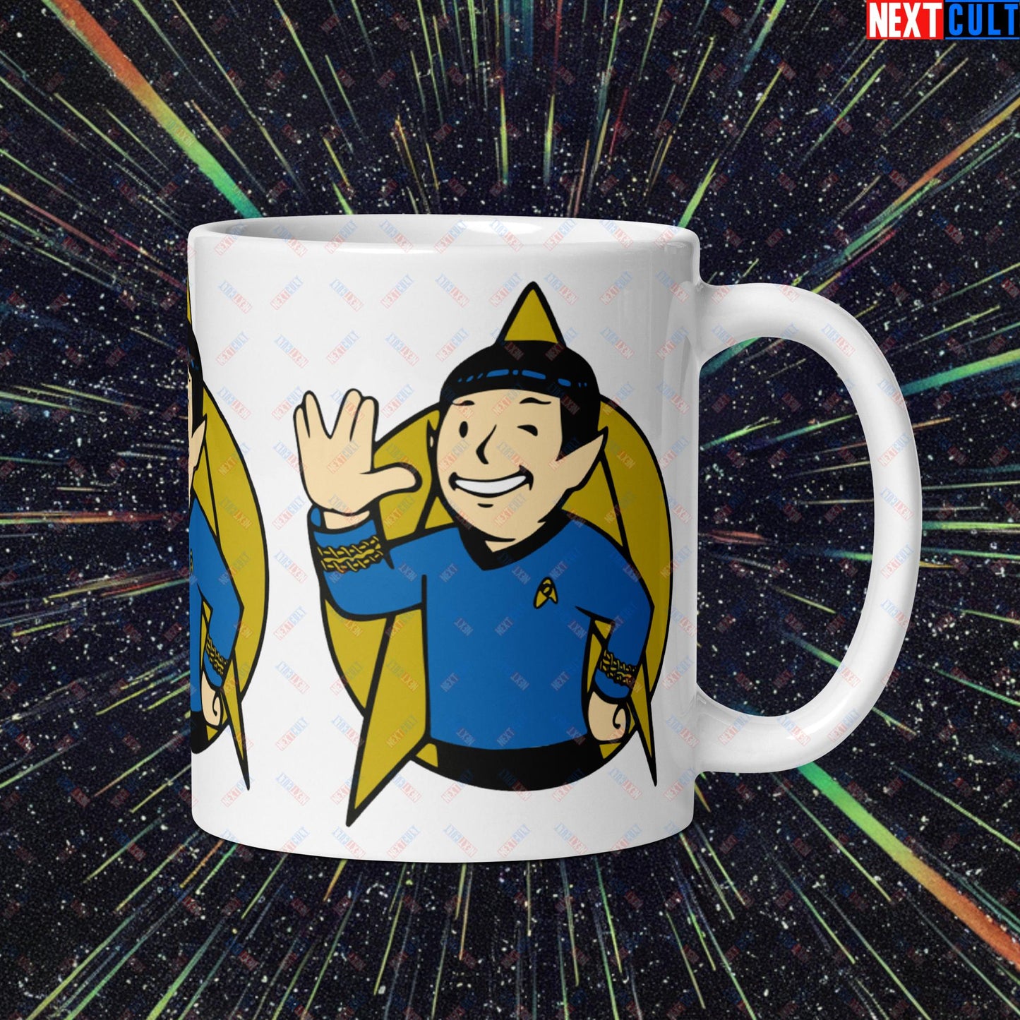 Spock Boy Star Trek Vault Boy Fallout Funny Meme Cartoon Mashup White glossy mug Next Cult Brand