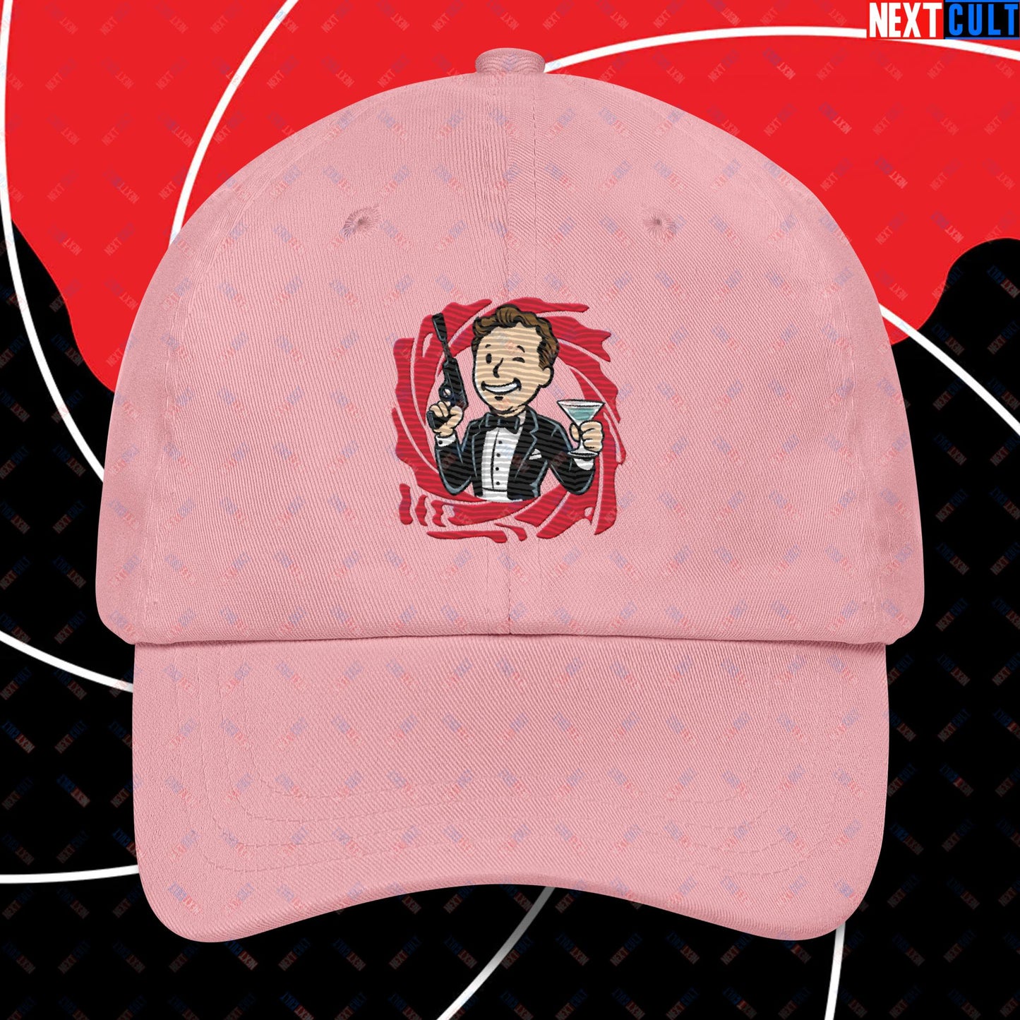 Spy Boy James Bond Vault Boy Fallout Funny Meme Cartoon Mashup Dad hat Pink Hats Fallout James Bond Movies Vault Boy Next Cult Brand