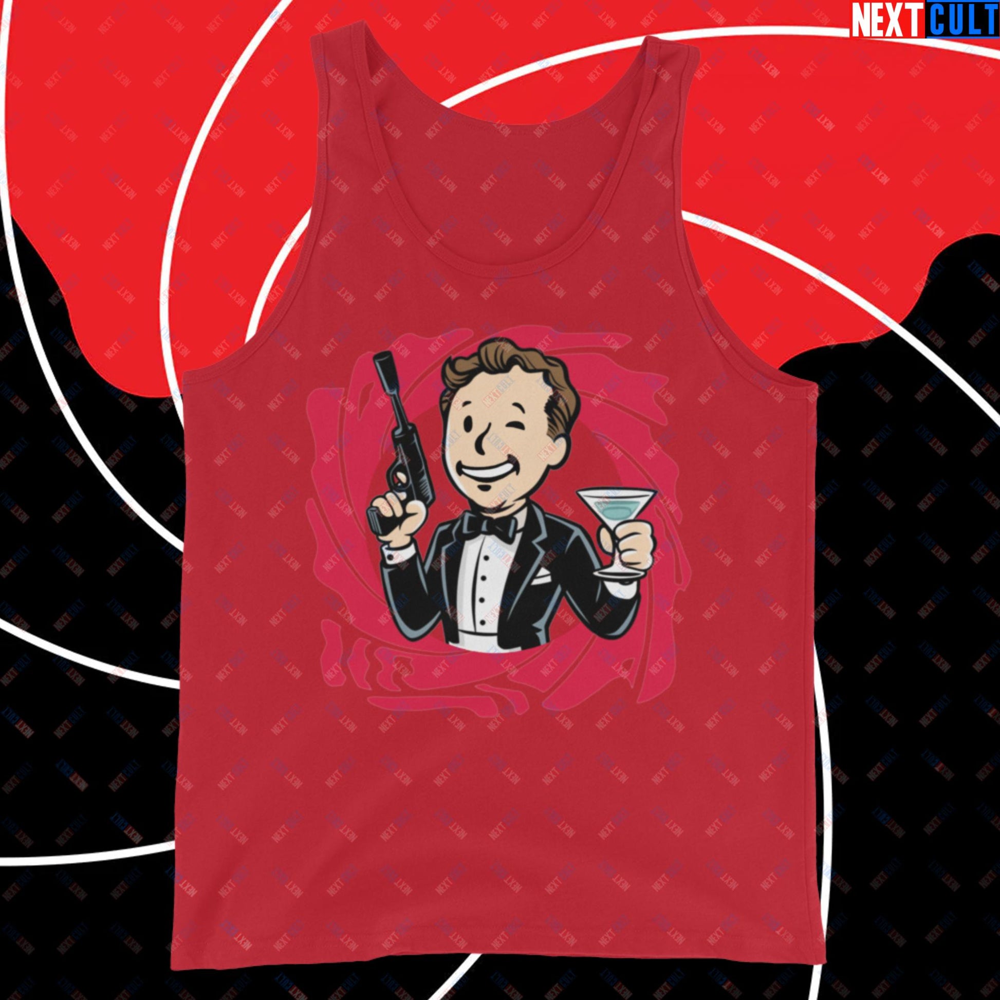 Spy Boy James Bond Vault Boy Fallout Funny Meme Cartoon Mashup Tank Top Red Tank Tops Fallout James Bond Movies Vault Boy Next Cult Brand