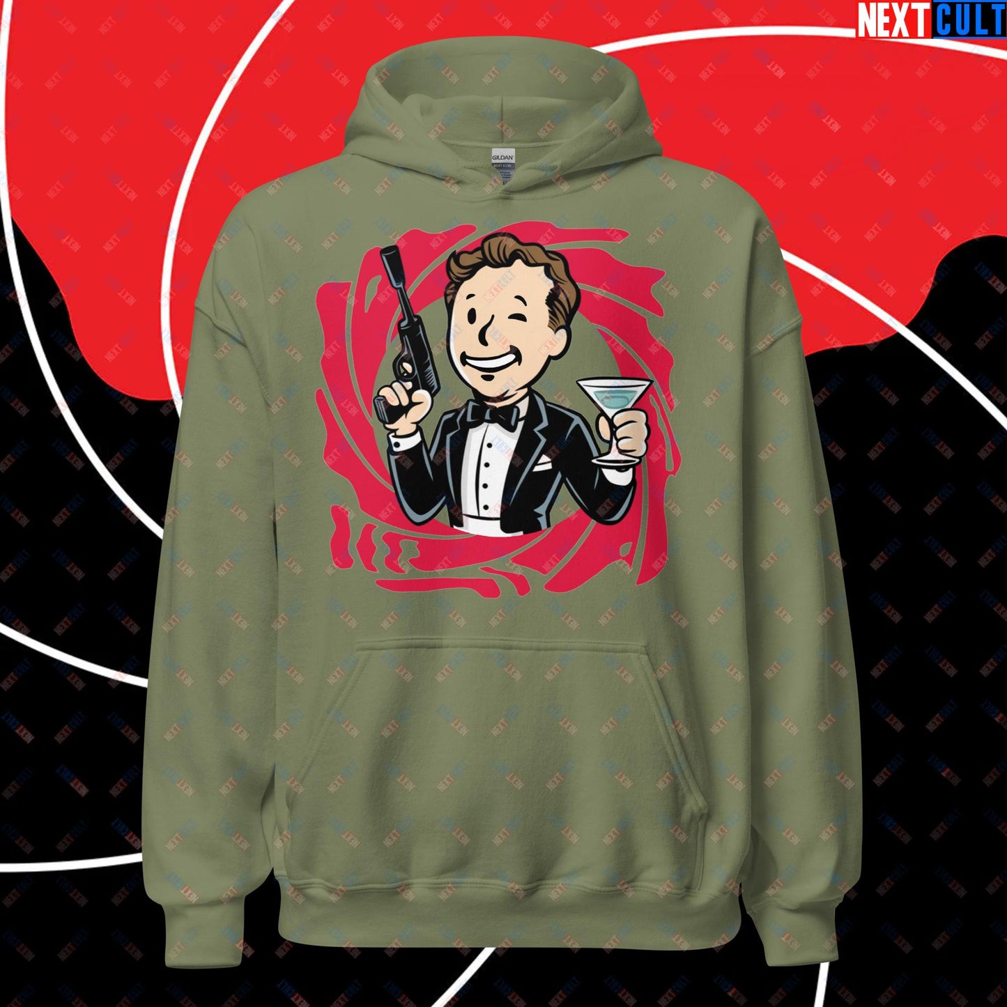 Spy Boy James Bond Vault Boy Fallout Funny Meme Cartoon Mashup Unisex Hoodie Military Green Hoodies Fallout James Bond Movies Vault Boy Next Cult Brand