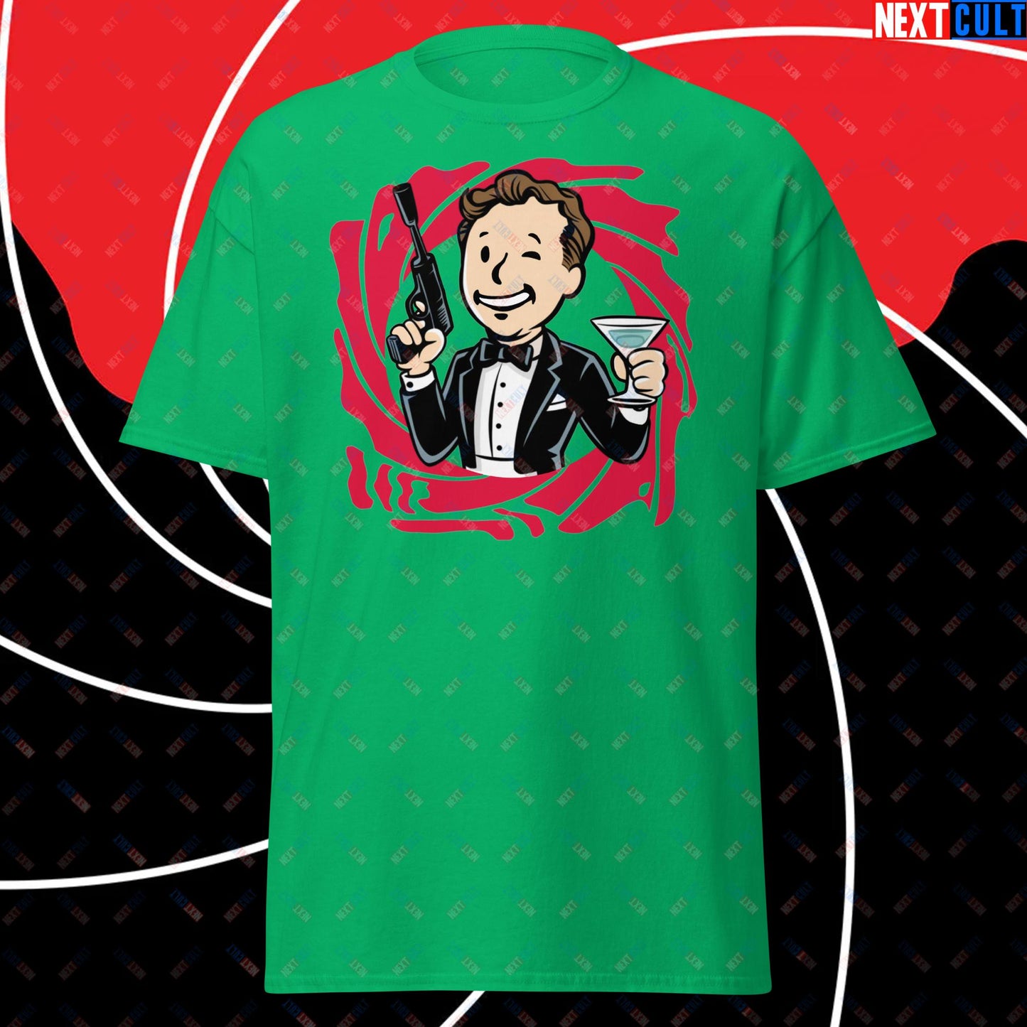 Spy Boy James Bond Vault Boy Fallout Funny Meme Cartoon Mashup Unisex tee Irish Green T-shirts Fallout James Bond Movies Vault Boy Next Cult Brand