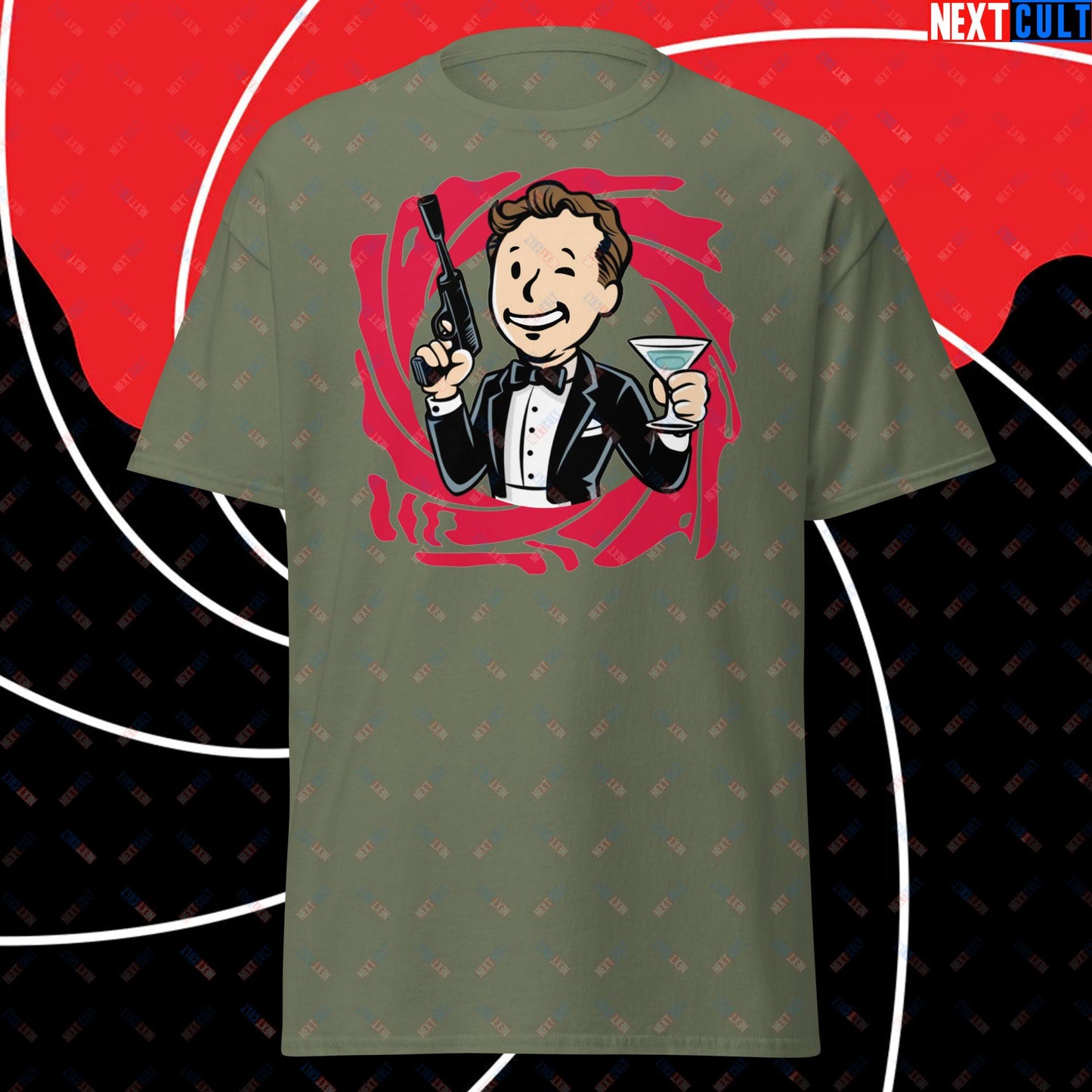 Spy Boy James Bond Vault Boy Fallout Funny Meme Cartoon Mashup Unisex tee Military Green T-shirts Fallout James Bond Movies Vault Boy Next Cult Brand