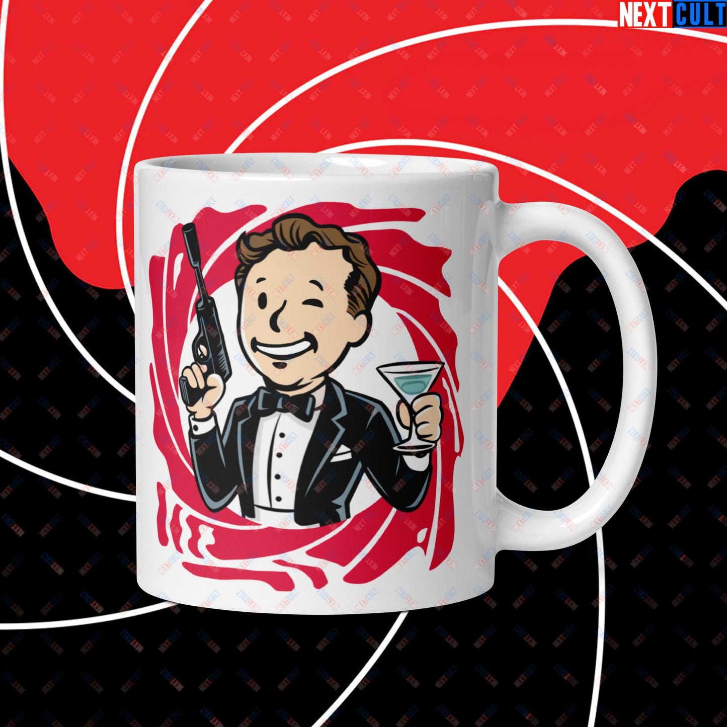 Spy Boy James Bond Vault Boy Fallout Funny Meme Cartoon Mashup White glossy mug Default Title Mugs Fallout James Bond Movies Vault Boy Next Cult Brand