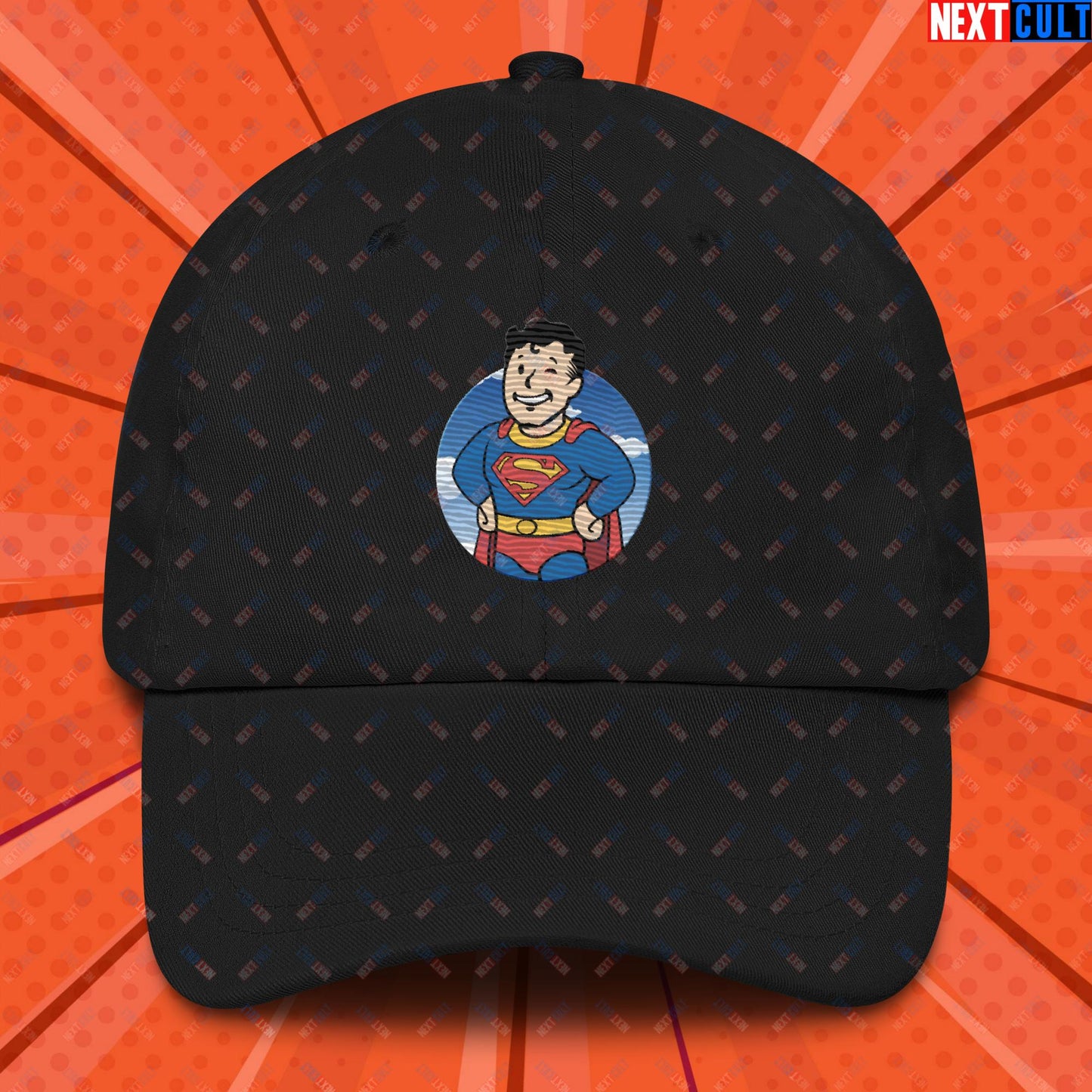 Super Boy Superman Vault Boy Fallout Funny Meme Cartoon Mashup Dad hat Black Hats Fallout Henry Cavill Movies Superheroes Superman Vault Boy Next Cult Brand