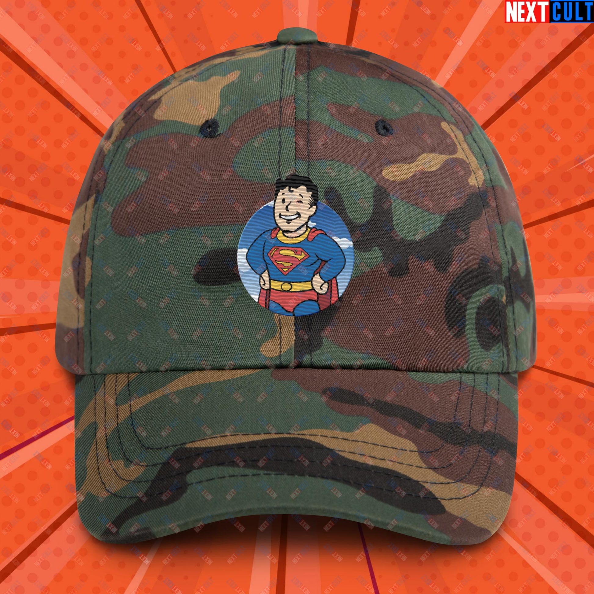 Super Boy Superman Vault Boy Fallout Funny Meme Cartoon Mashup Dad hat Green Camo Hats Fallout Henry Cavill Movies Superheroes Superman Vault Boy Next Cult Brand