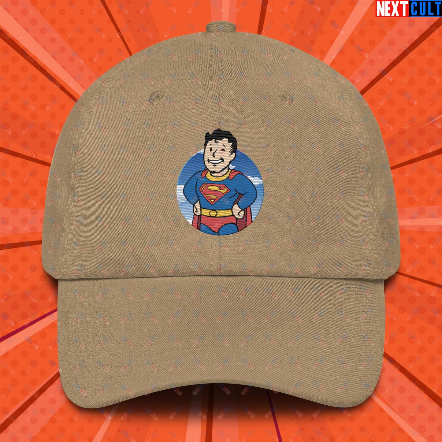 Super Boy Superman Vault Boy Fallout Funny Meme Cartoon Mashup Dad hat Khaki Hats Fallout Henry Cavill Movies Superheroes Superman Vault Boy Next Cult Brand