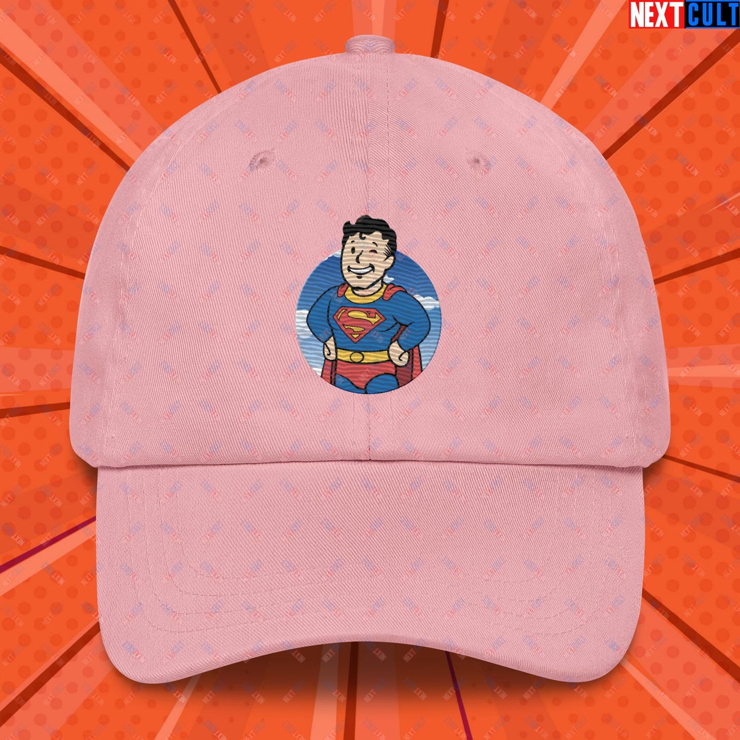 Super Boy Superman Vault Boy Fallout Funny Meme Cartoon Mashup Dad hat Pink Hats Fallout Henry Cavill Movies Superheroes Superman Vault Boy Next Cult Brand