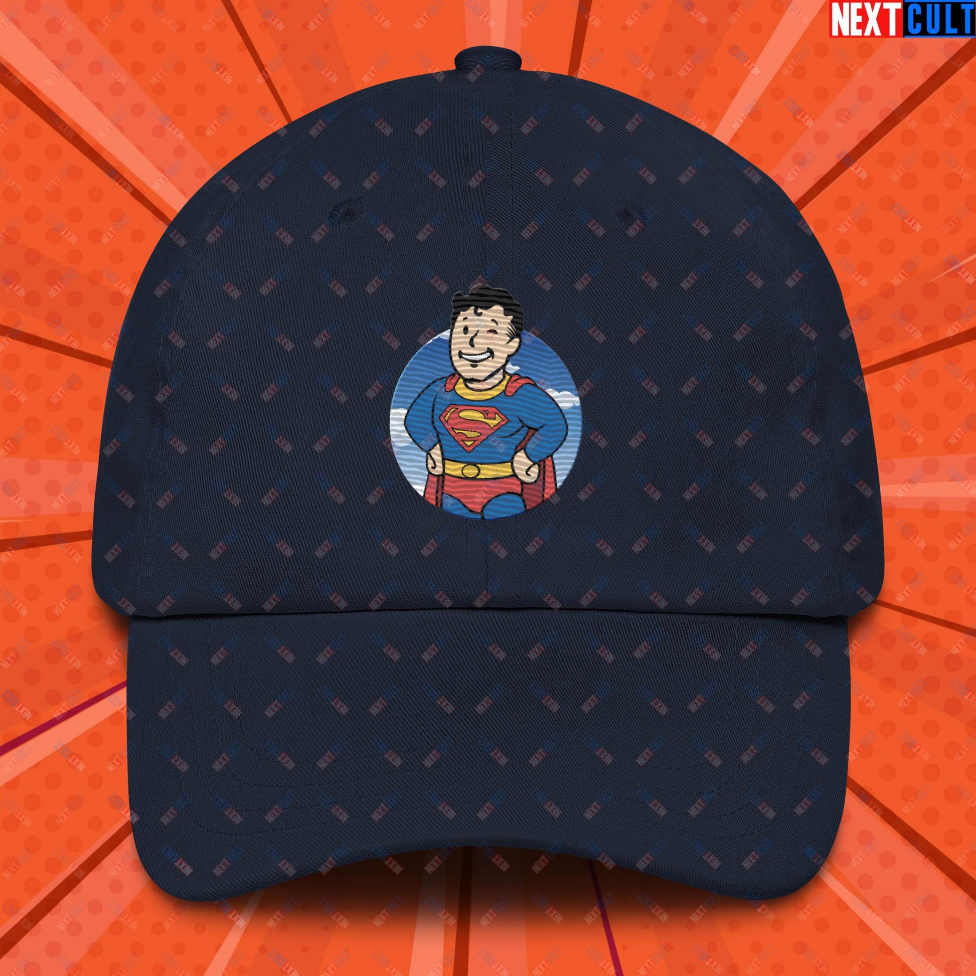 Super Boy Superman Vault Boy Fallout Funny Meme Cartoon Mashup Dad hat Navy Hats Fallout Henry Cavill Movies Superheroes Superman Vault Boy Next Cult Brand