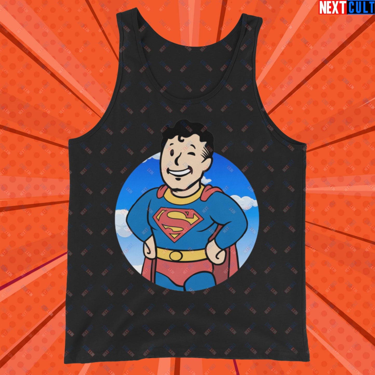 Super Boy Superman Vault Boy Fallout Funny Meme Cartoon Mashup Tank Top Black Tank Tops Fallout Henry Cavill Movies Superheroes Superman Vault Boy Next Cult Brand