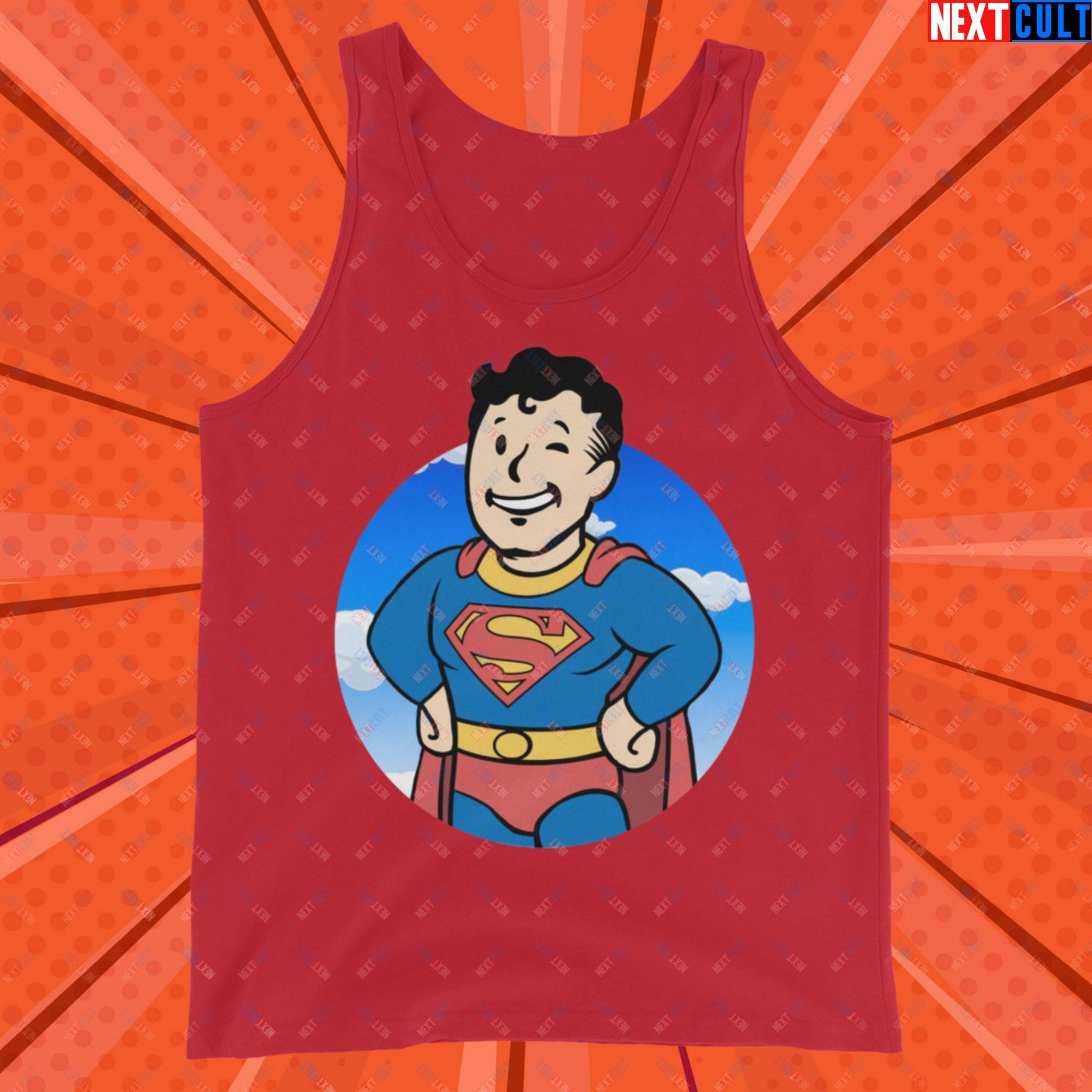 Super Boy Superman Vault Boy Fallout Funny Meme Cartoon Mashup Tank Top Red Tank Tops Fallout Henry Cavill Movies Superheroes Superman Vault Boy Next Cult Brand