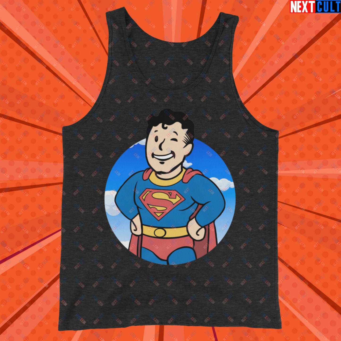 Super Boy Superman Vault Boy Fallout Funny Meme Cartoon Mashup Tank Top Charcoal-Black Triblend Tank Tops Fallout Henry Cavill Movies Superheroes Superman Vault Boy Next Cult Brand