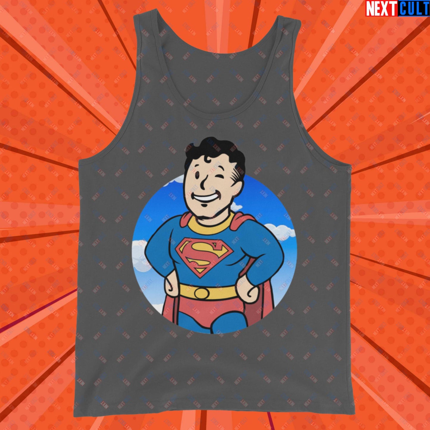 Super Boy Superman Vault Boy Fallout Funny Meme Cartoon Mashup Tank Top Asphalt Tank Tops Fallout Henry Cavill Movies Superheroes Superman Vault Boy Next Cult Brand