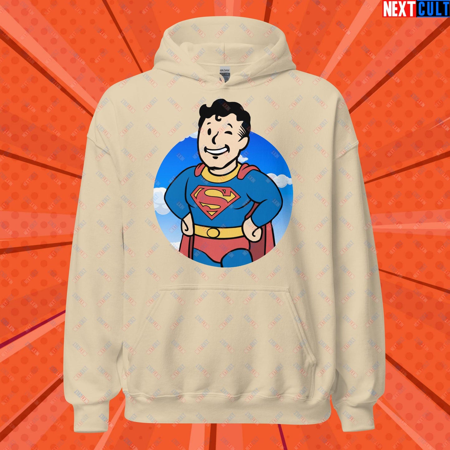 Super Boy Superman Vault Boy Fallout Funny Meme Cartoon Mashup Unisex Hoodie Sand Hoodies Fallout Henry Cavill Movies Superheroes Superman Vault Boy Next Cult Brand