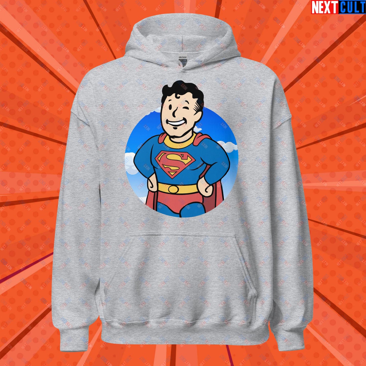 Super Boy Superman Vault Boy Fallout Funny Meme Cartoon Mashup Unisex Hoodie Sport Grey Hoodies Fallout Henry Cavill Movies Superheroes Superman Vault Boy Next Cult Brand