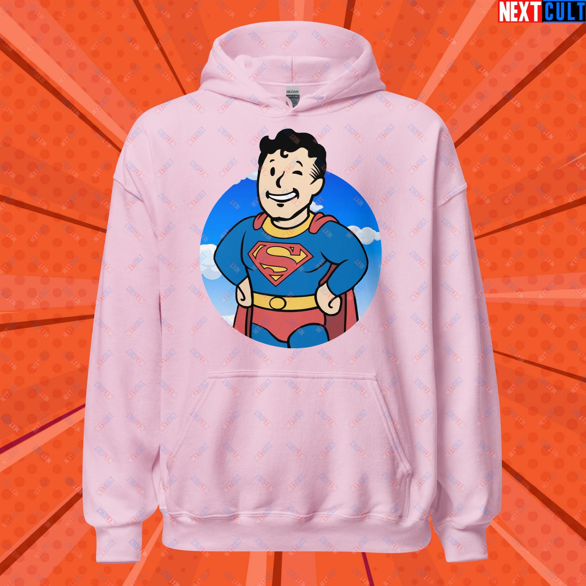 Super Boy Superman Vault Boy Fallout Funny Meme Cartoon Mashup Unisex Hoodie Light Pink Hoodies Fallout Henry Cavill Movies Superheroes Superman Vault Boy Next Cult Brand