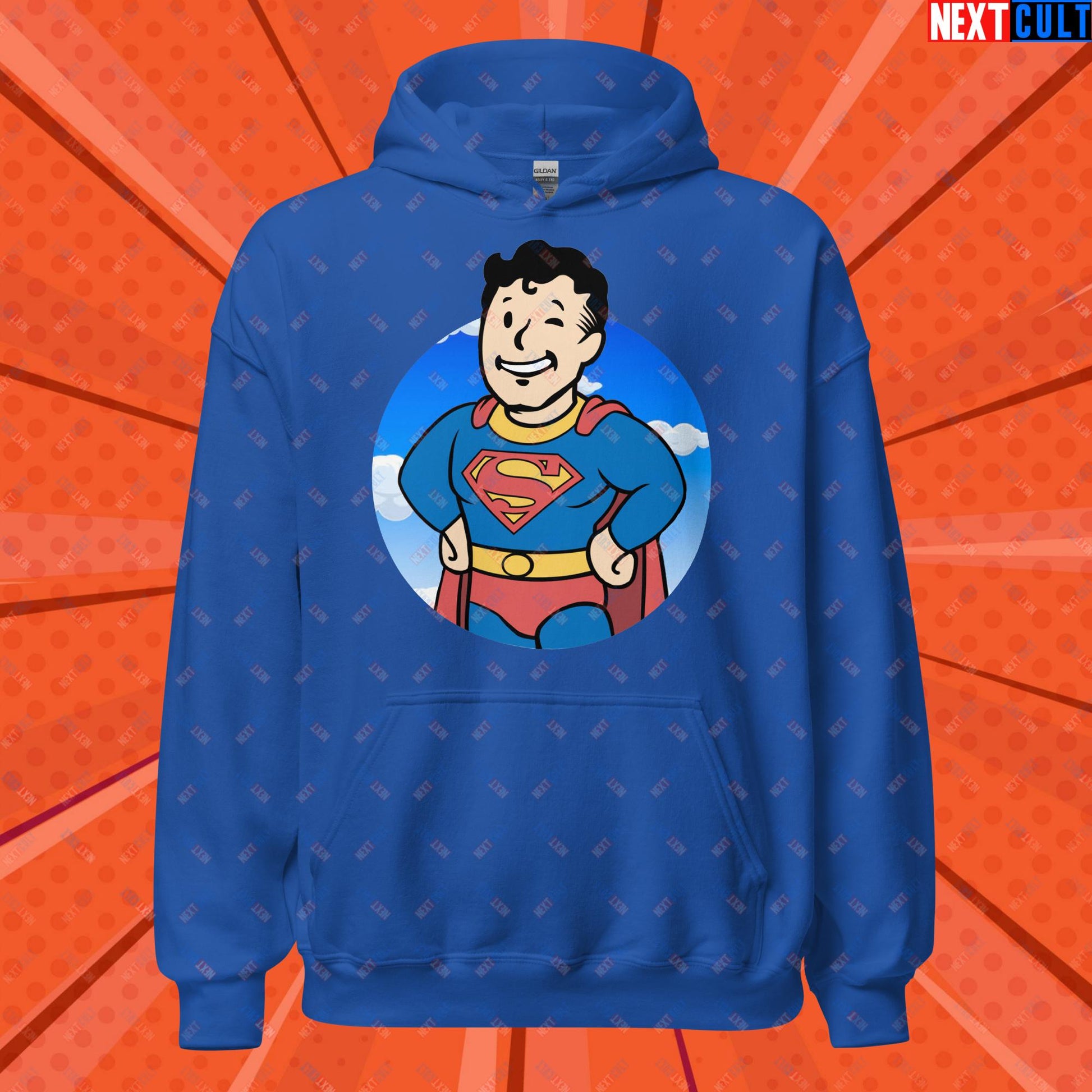 Super Boy Superman Vault Boy Fallout Funny Meme Cartoon Mashup Unisex Hoodie Royal Hoodies Fallout Henry Cavill Movies Superheroes Superman Vault Boy Next Cult Brand