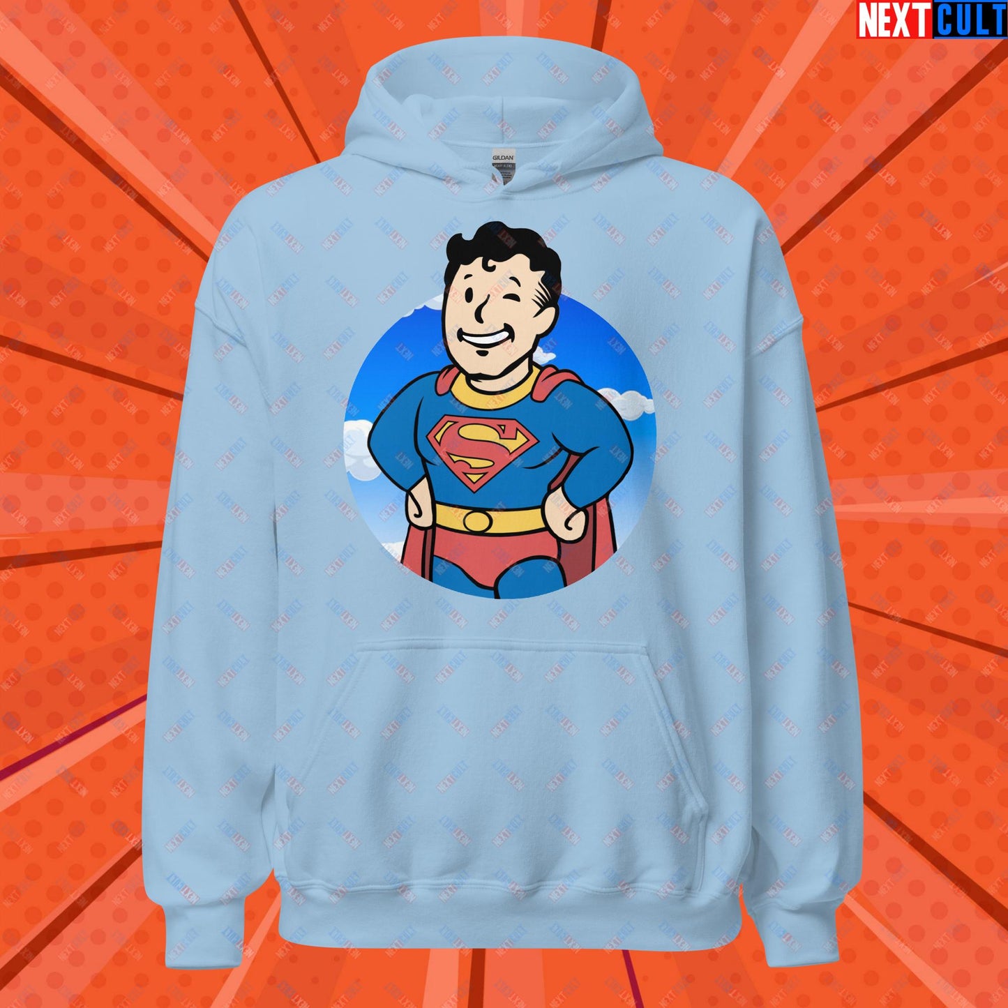 Super Boy Superman Vault Boy Fallout Funny Meme Cartoon Mashup Unisex Hoodie Light Blue Hoodies Fallout Henry Cavill Movies Superheroes Superman Vault Boy Next Cult Brand