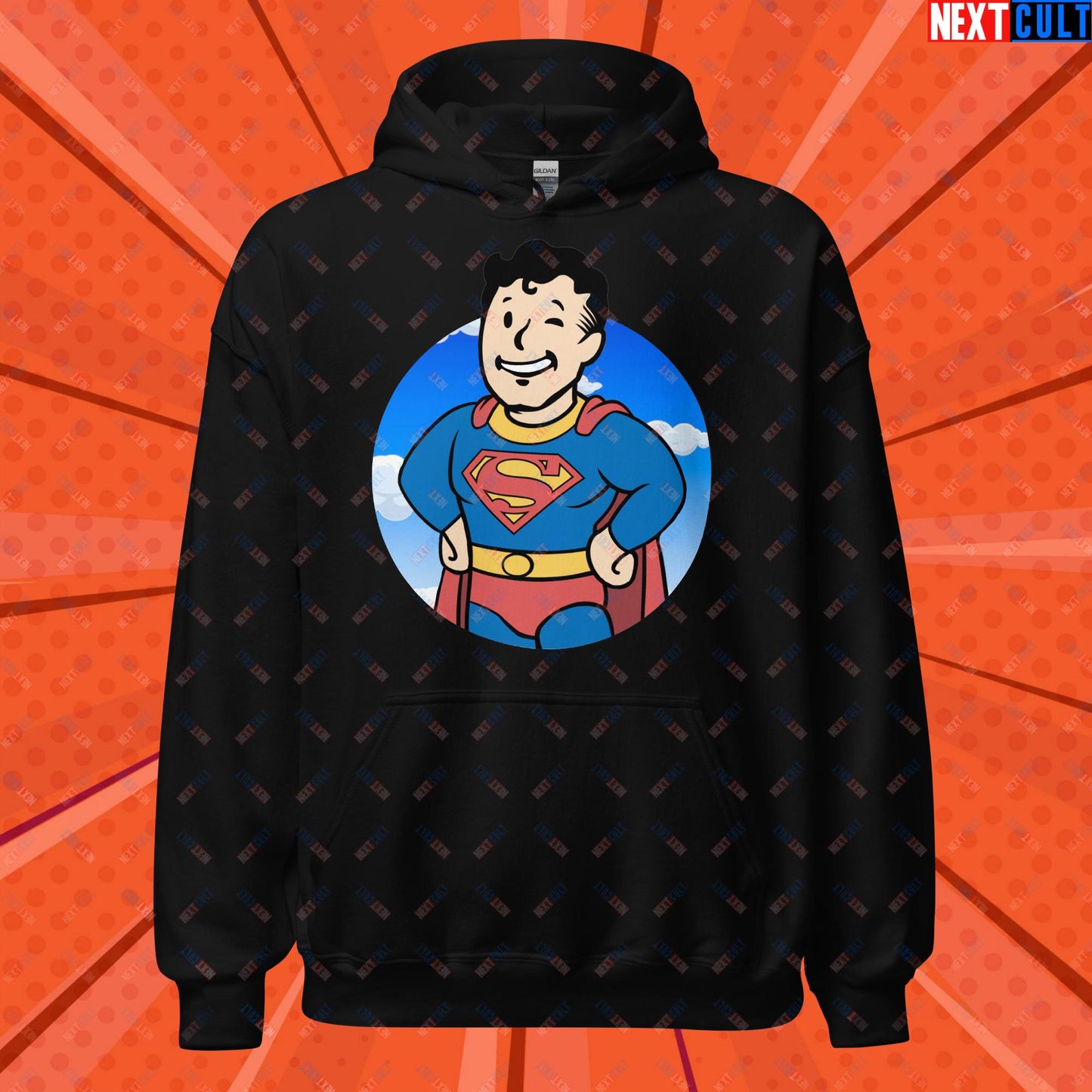 Super Boy Superman Vault Boy Fallout Funny Meme Cartoon Mashup Unisex Hoodie Black Hoodies Fallout Henry Cavill Movies Superheroes Superman Vault Boy Next Cult Brand