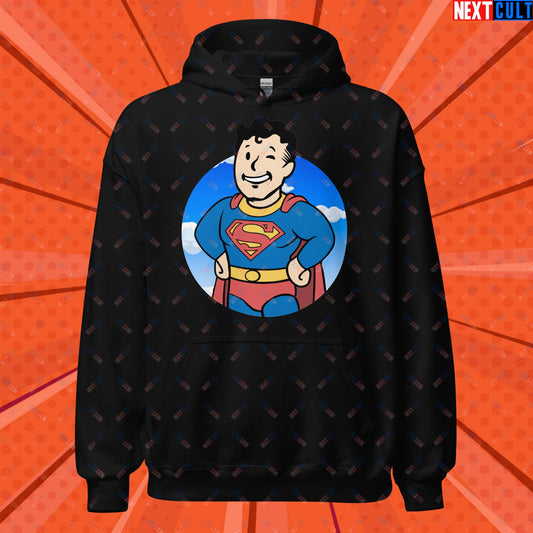 Super Boy Superman Vault Boy Fallout Funny Meme Cartoon Mashup Unisex Hoodie Black Hoodies Fallout Henry Cavill Movies Superheroes Superman Vault Boy Next Cult Brand