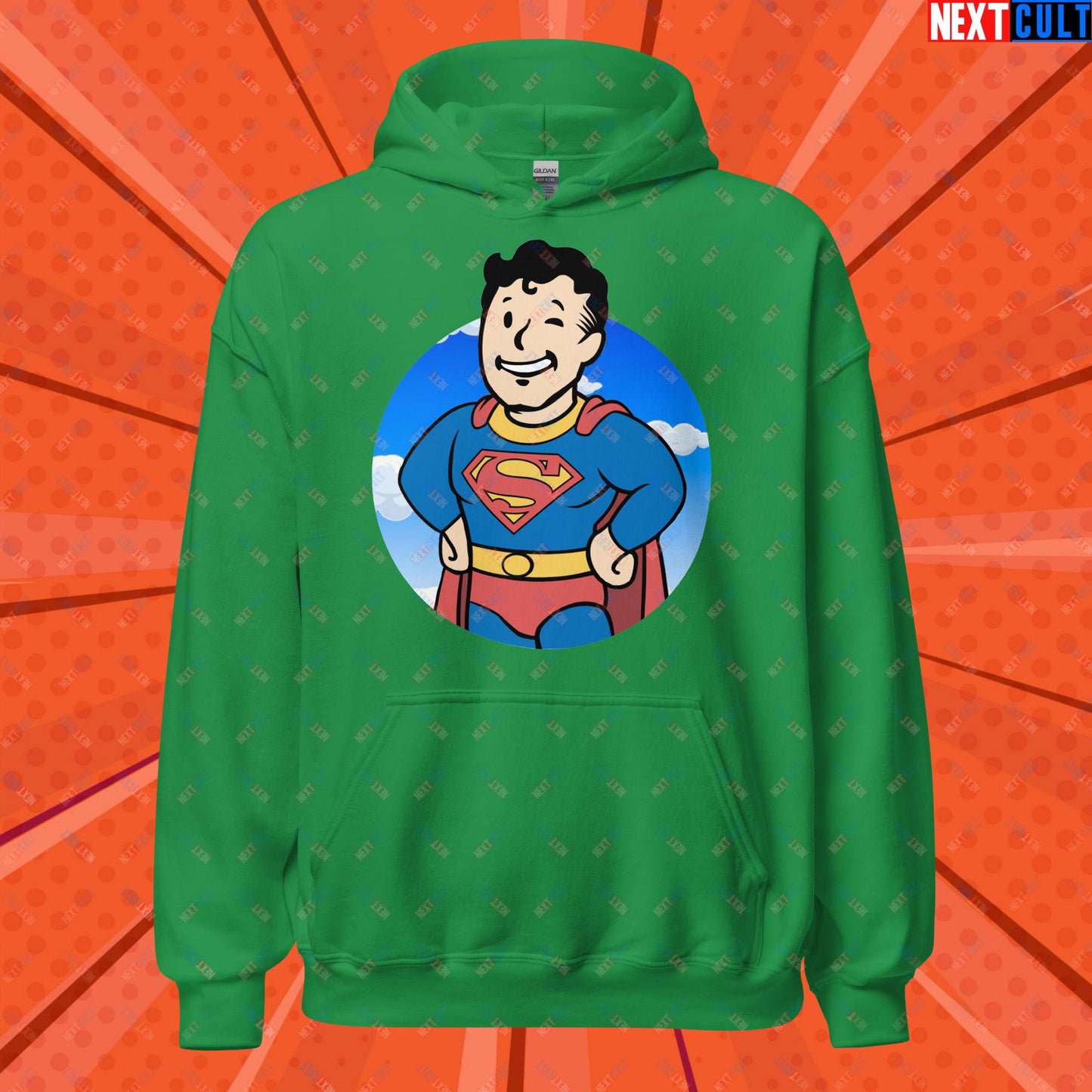 Super Boy Superman Vault Boy Fallout Funny Meme Cartoon Mashup Unisex Hoodie Irish Green Hoodies Fallout Henry Cavill Movies Superheroes Superman Vault Boy Next Cult Brand