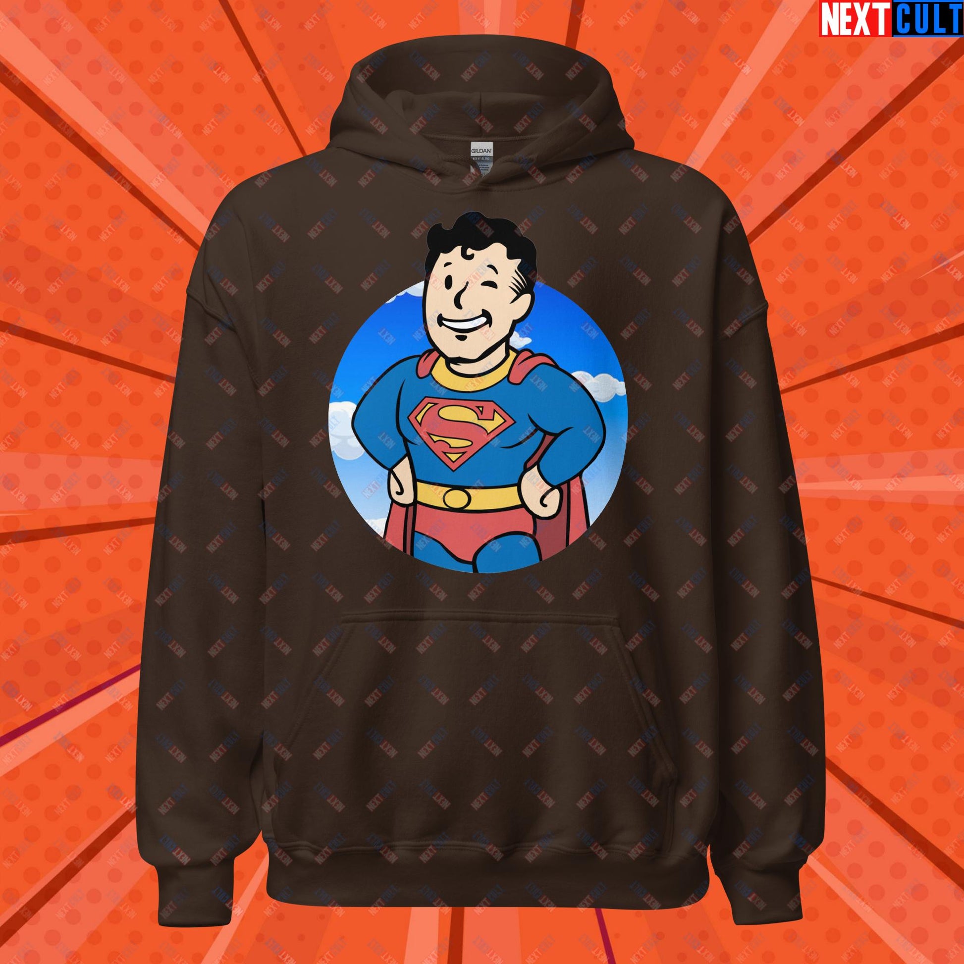 Super Boy Superman Vault Boy Fallout Funny Meme Cartoon Mashup Unisex Hoodie Dark Chocolate Hoodies Fallout Henry Cavill Movies Superheroes Superman Vault Boy Next Cult Brand