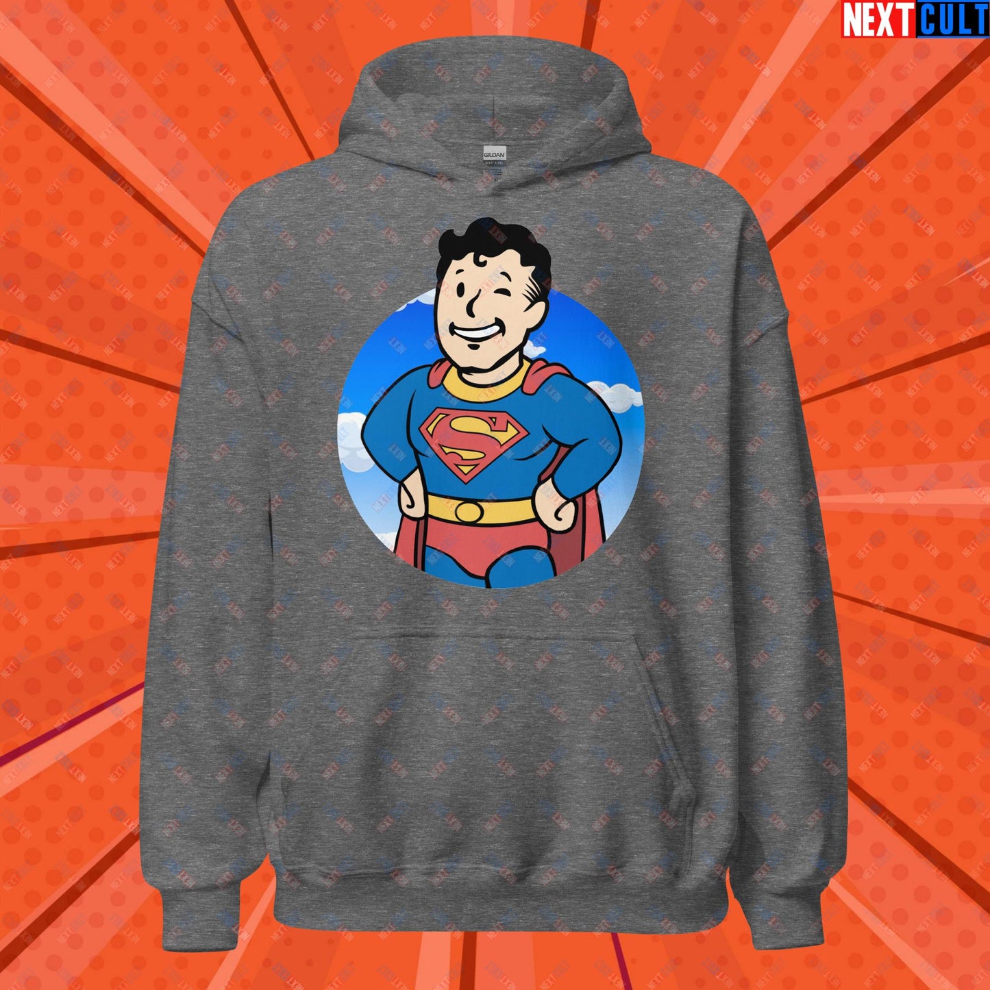 Super Boy Superman Vault Boy Fallout Funny Meme Cartoon Mashup Unisex Hoodie Graphite Heather Hoodies Fallout Henry Cavill Movies Superheroes Superman Vault Boy Next Cult Brand